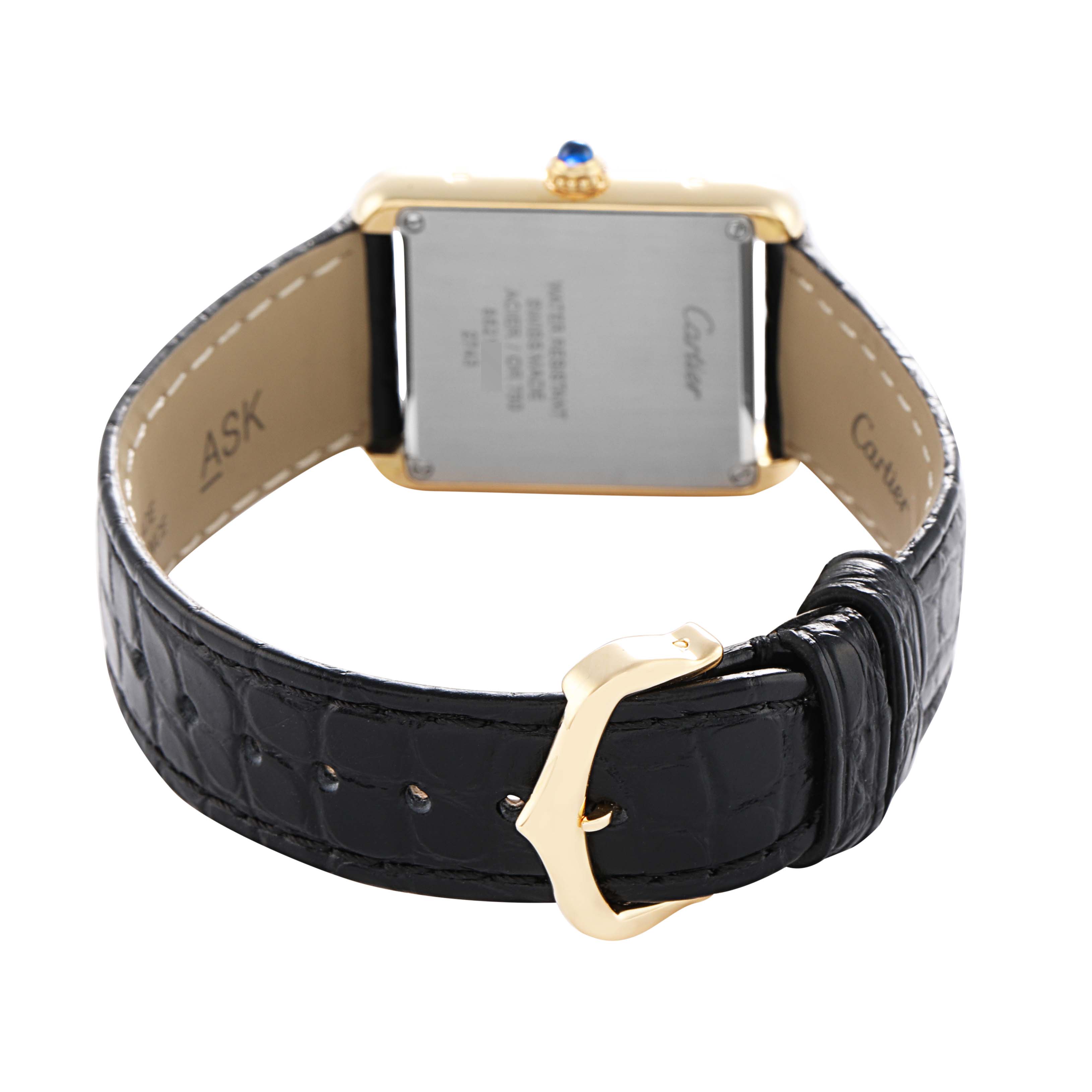 The image shows the back of the Cartier Tank Solo W1018755 Women's Yellow Gold Silver Dial watch, highlighting the case back, crown, and black leather strap with a buckle.