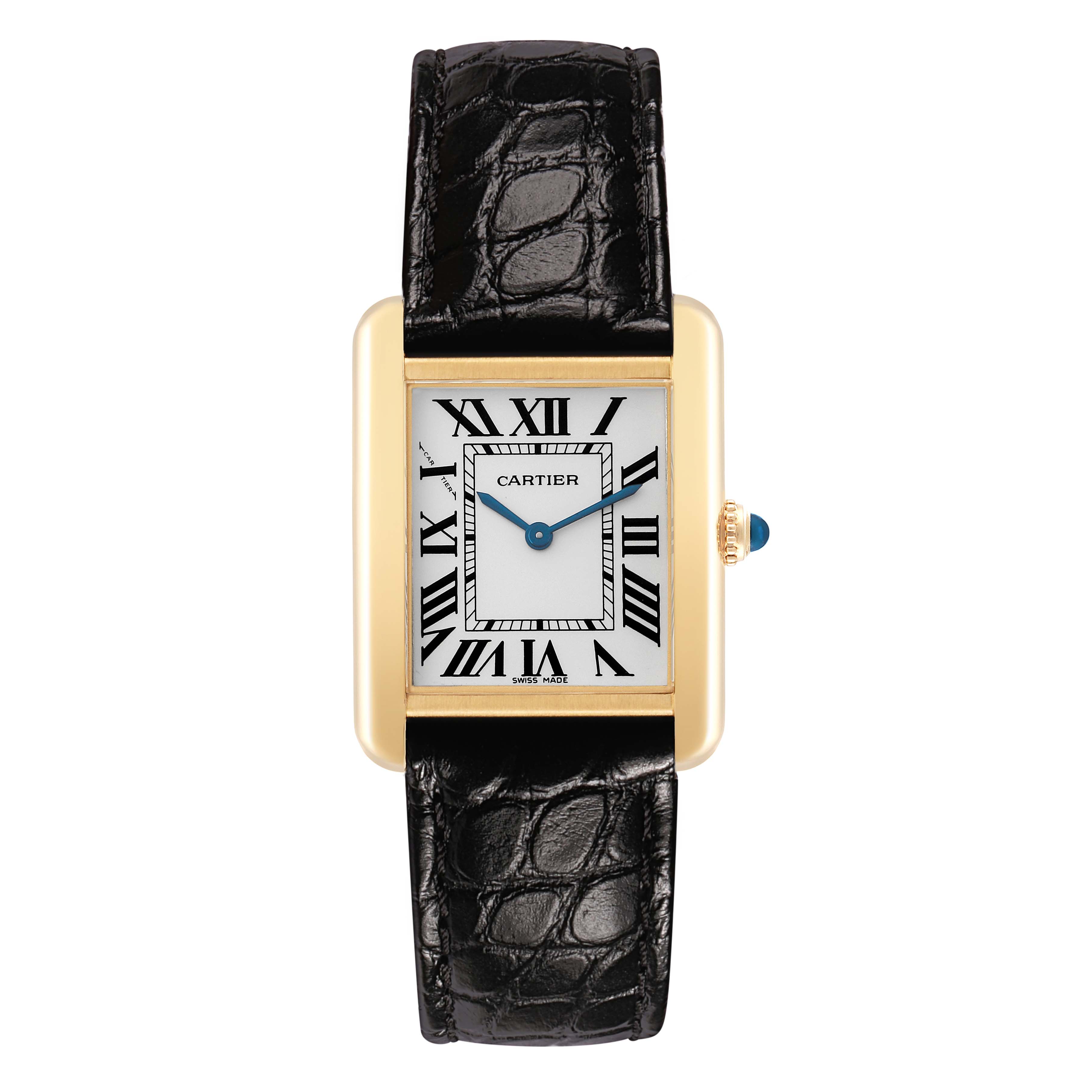 The Cartier Tank Solo W1018755 Women's Yellow Gold Silver Dial watch is shown from the front, featuring its rectangular face, roman numerals, and black leather strap.