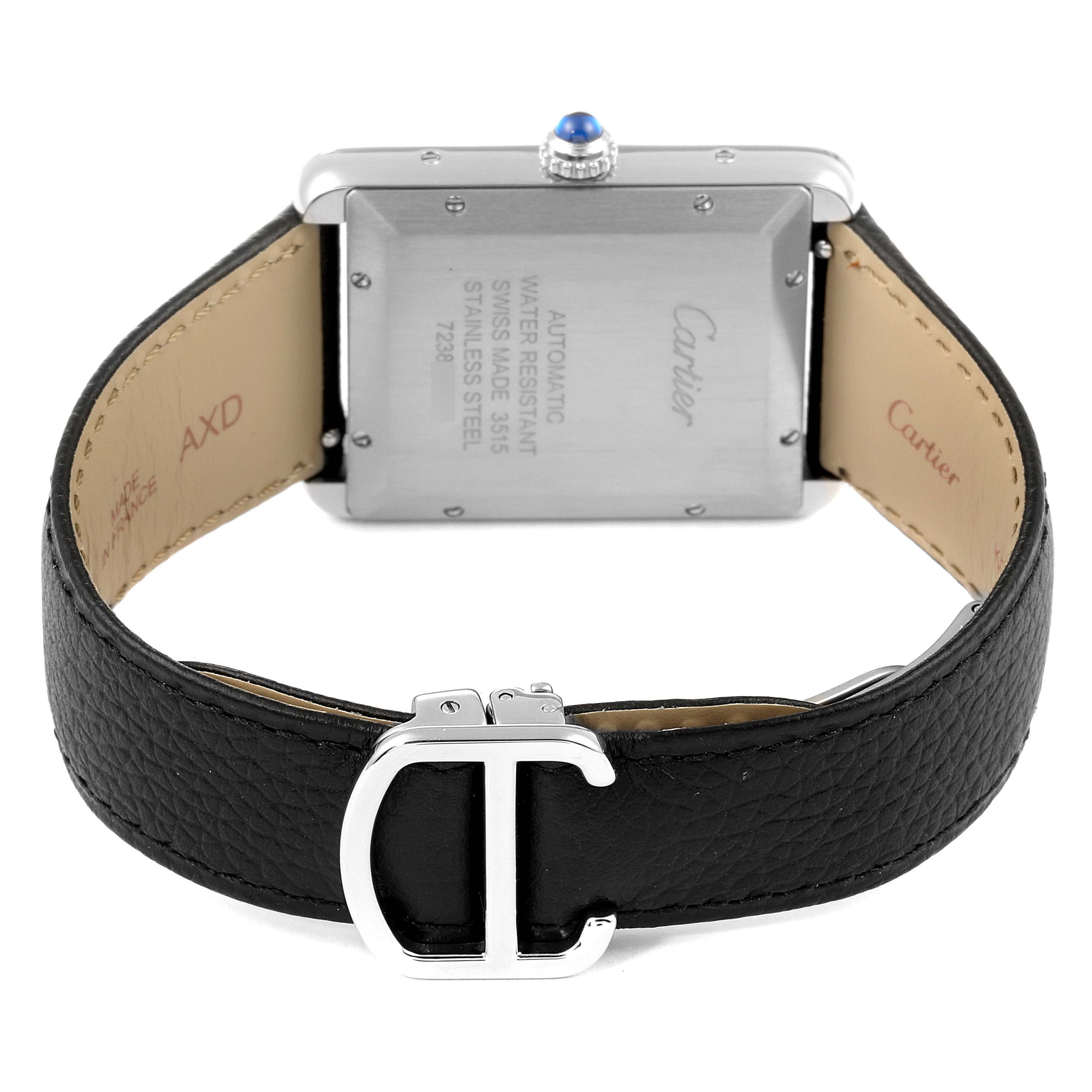 This image shows the back view of a Cartier Tank Solo W5200027 Men
s Stainless Steel Silver Dial W5200027 Men
s Stainless Steel Silver Dial watch, highlighting the case, leather strap, and clasp.