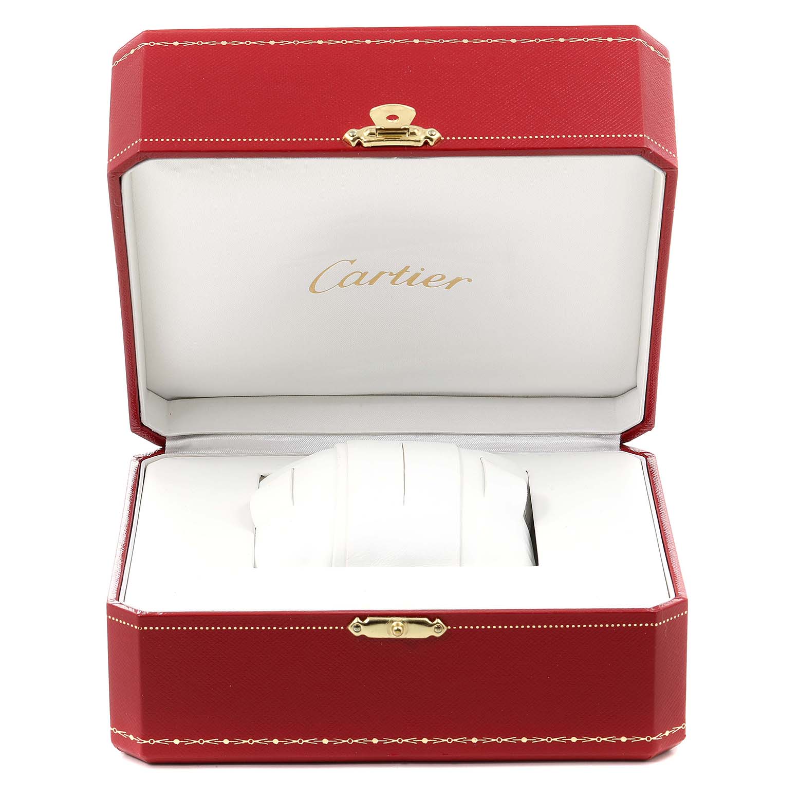 The image shows a Cartier Tank Solo W5200027 Men
s Stainless Steel Silver Dial W5200027 Men
s Stainless Steel Silver Dial watch inside an open red Cartier box, viewed from the front.