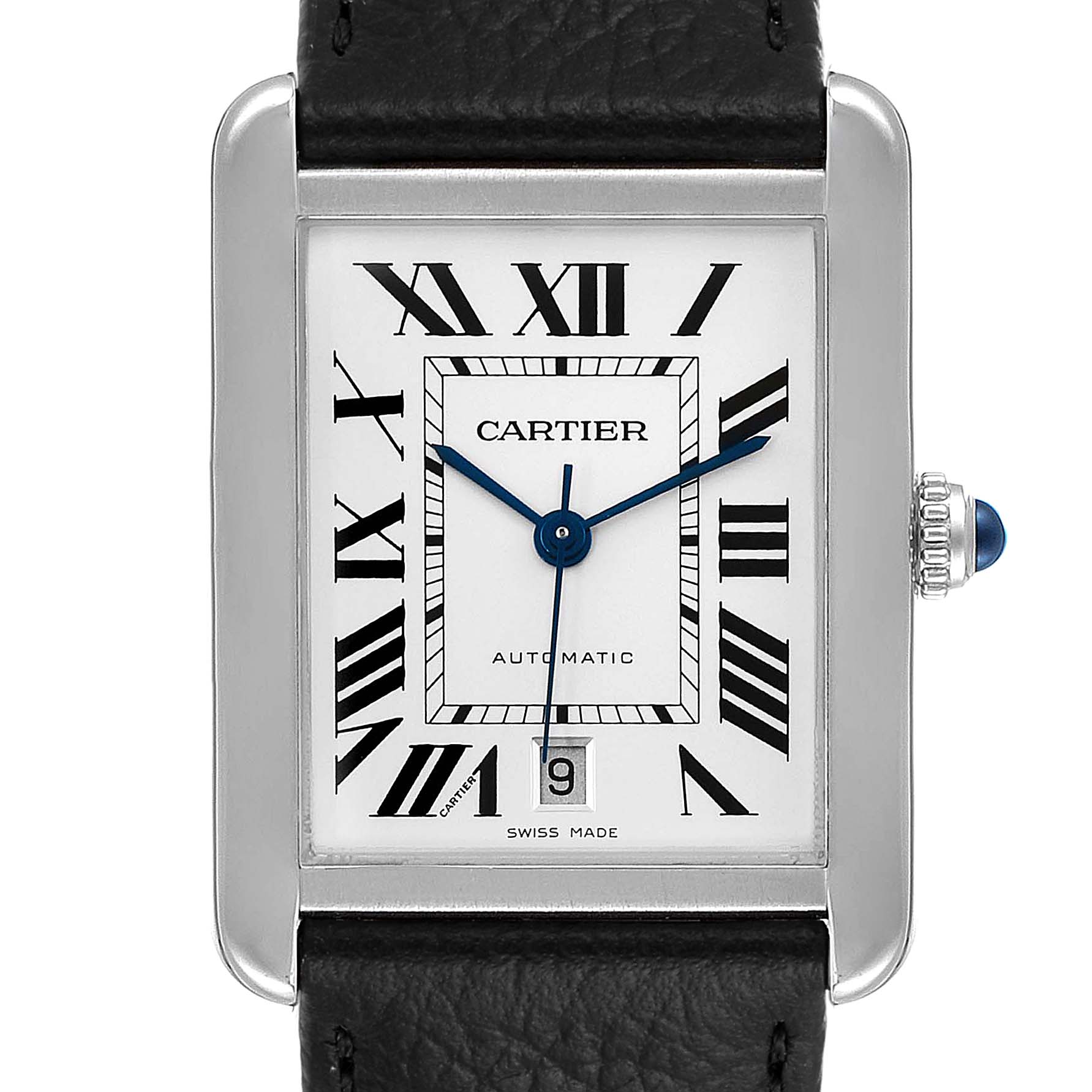 This image shows a close-up of the face and part of the strap of a Cartier Tank Solo W5200027 Men
s Stainless Steel Silver Dial W5200027 Men
s Stainless Steel Silver Dial watch.