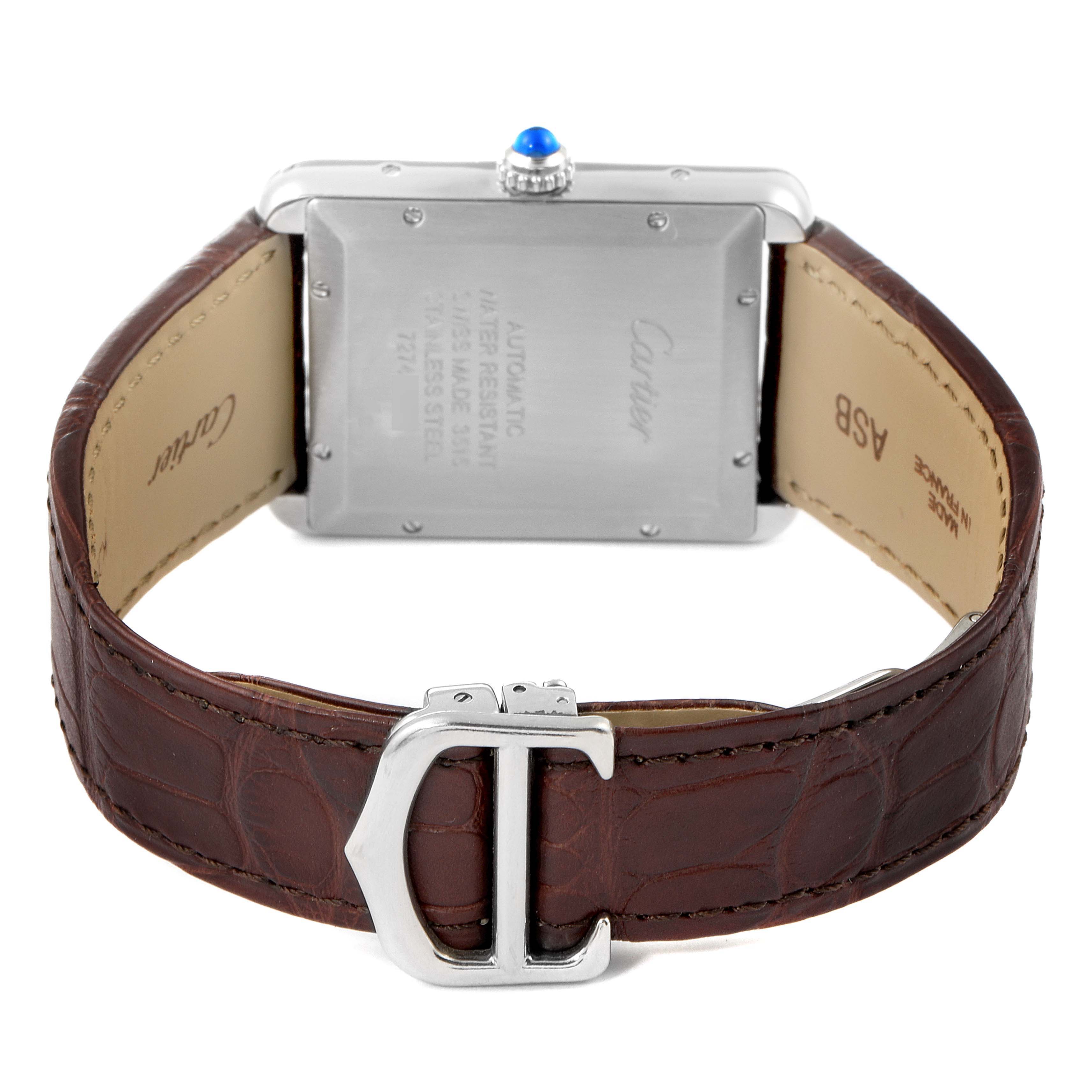 The image shows the back view of a Cartier Tank Solo W5200027 Men's Stainless Steel Silver Dial W5200027 Men's Stainless Steel Silver Dial watch, highlighting its leather strap and buckle.