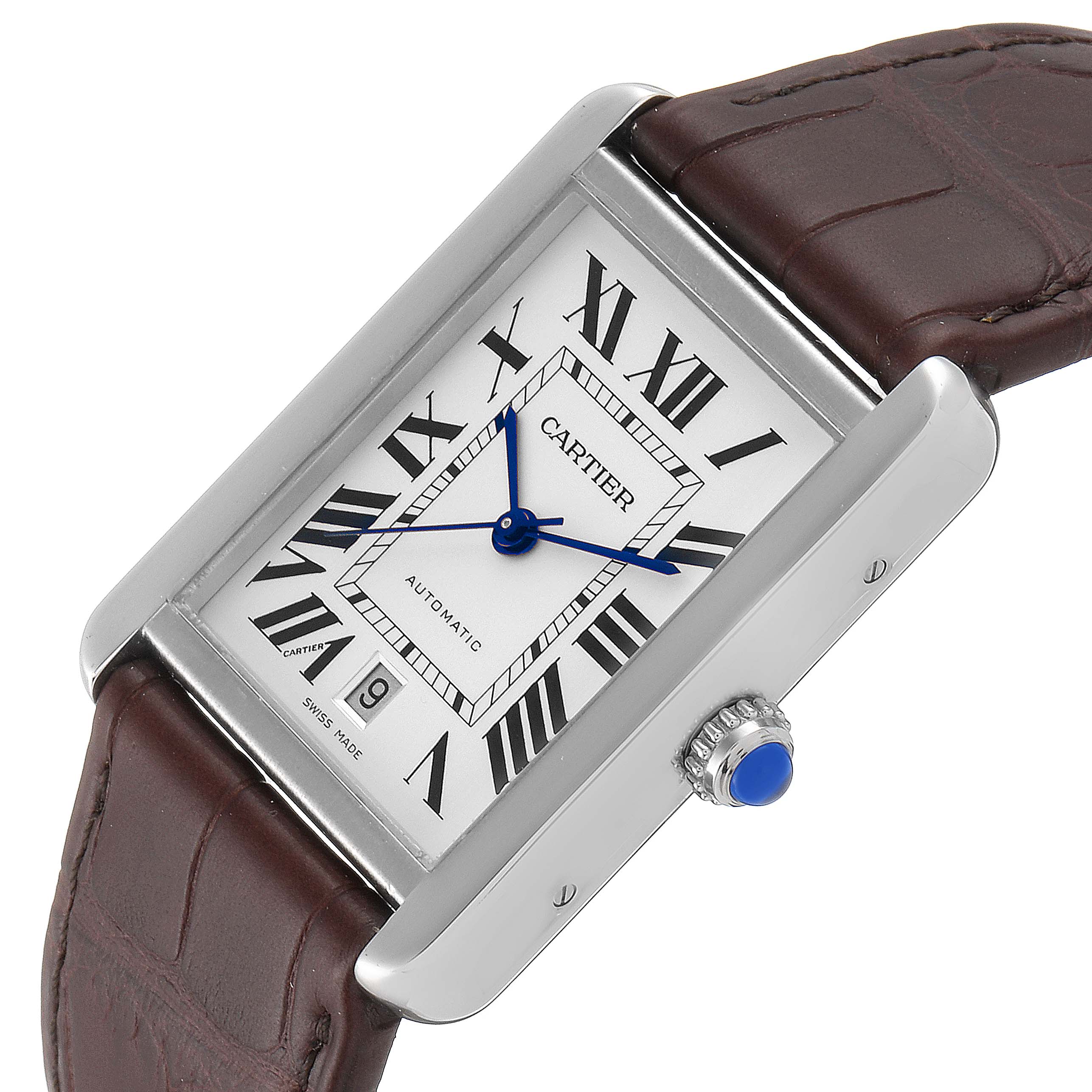 The image shows a front view of a Cartier Tank Solo W5200027 Men's Stainless Steel Silver Dial W5200027 Men's Stainless Steel Silver Dial watch, highlighting the face, Roman numerals, blue hands, and brown leather strap.