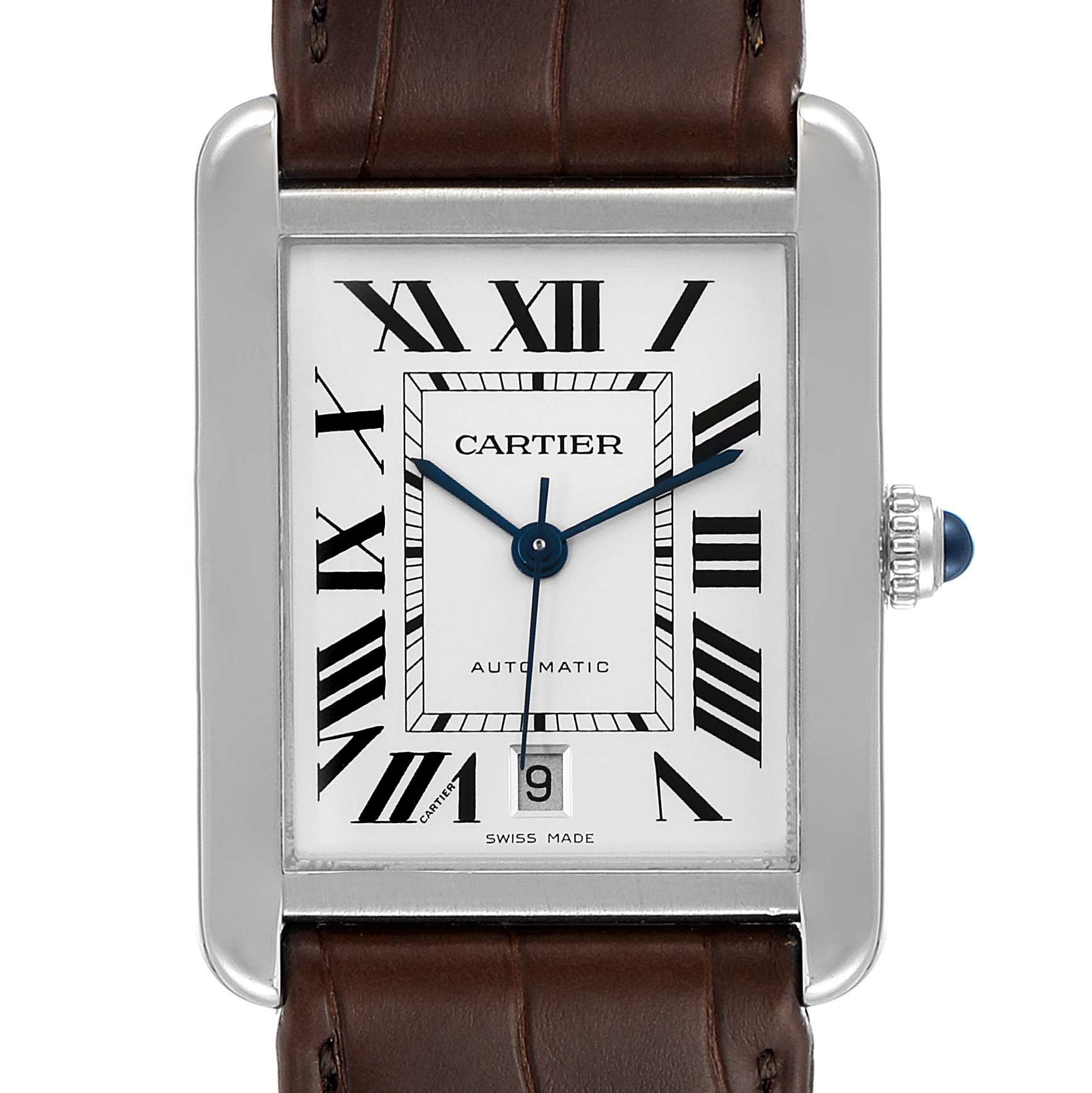 The Cartier Tank Solo W5200027 Men's Stainless Steel Silver Dial W5200027 Men's Stainless Steel Silver Dial watch is shown from the front, displaying the face, Roman numerals, hands, and part of the leather strap.