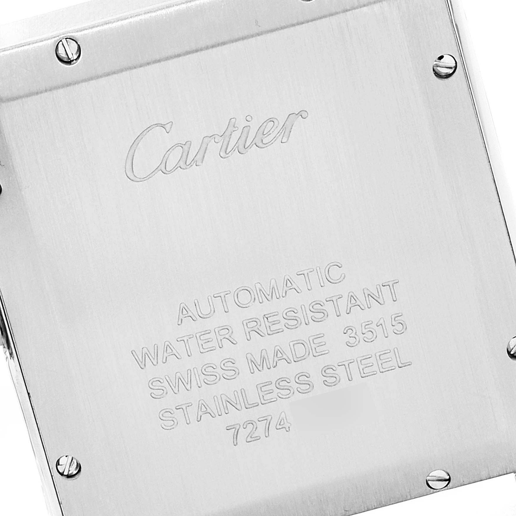 The image shows the back of a Cartier Tank Solo W5200027 Men's Stainless Steel Silver Dial W5200027 Men's Stainless Steel Silver Dial watch, detailing its specifications.