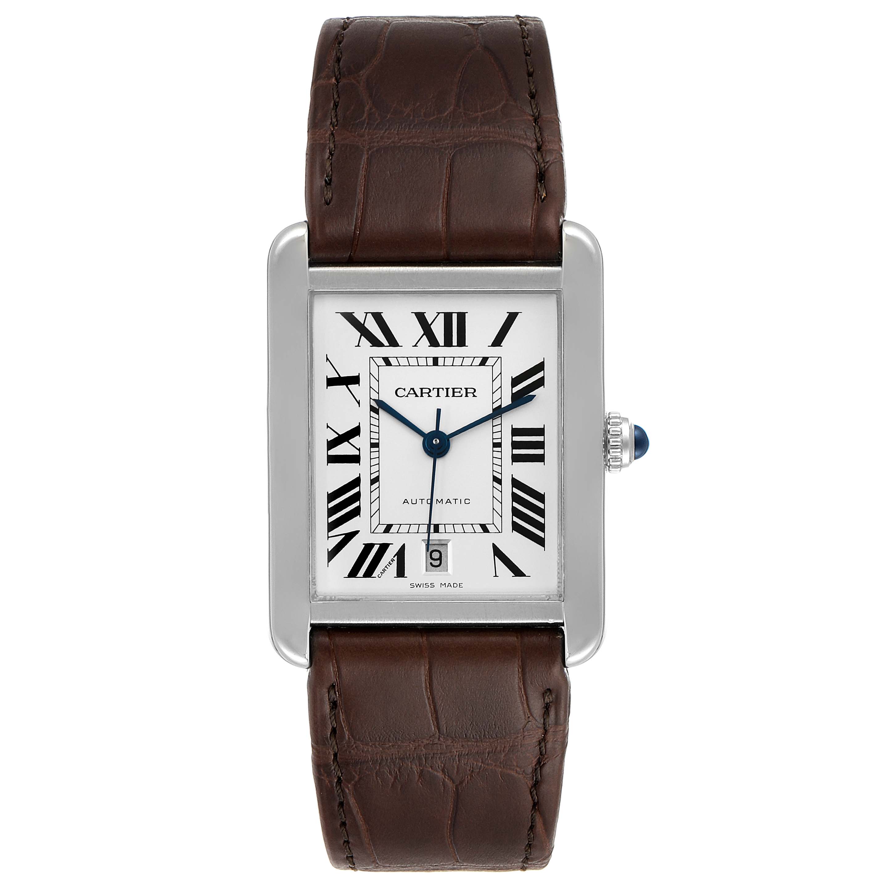This image shows a front view of the Cartier Tank Solo W5200027 Men's Stainless Steel Silver Dial W5200027 Men's Stainless Steel Silver Dial watch, displaying its dial, case, crown, and leather strap.