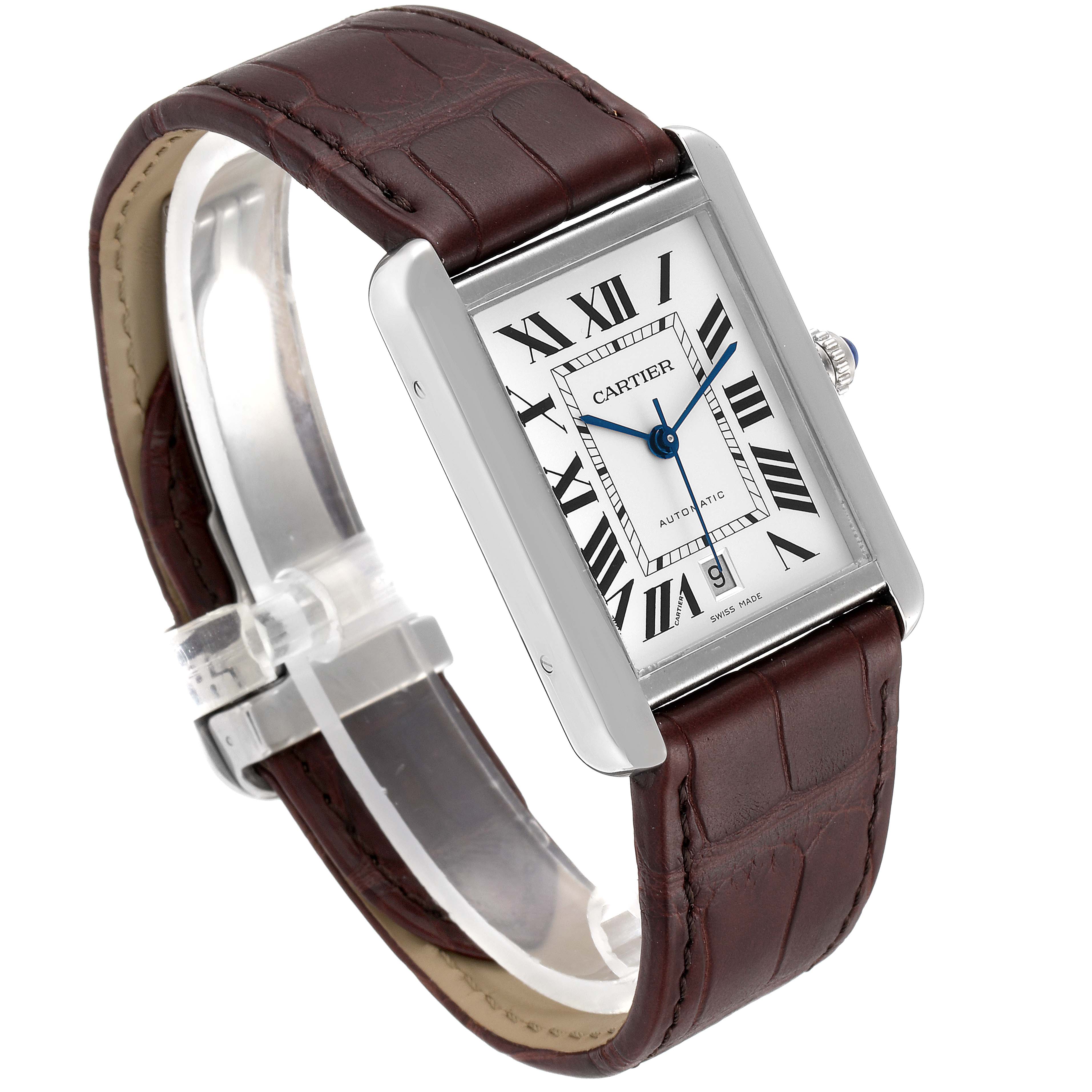 The image shows an angled view of the Cartier Tank Solo W5200027 Men's Stainless Steel Silver Dial W5200027 Men's Stainless Steel Silver Dial watch, displaying the face, leather strap, and crown.