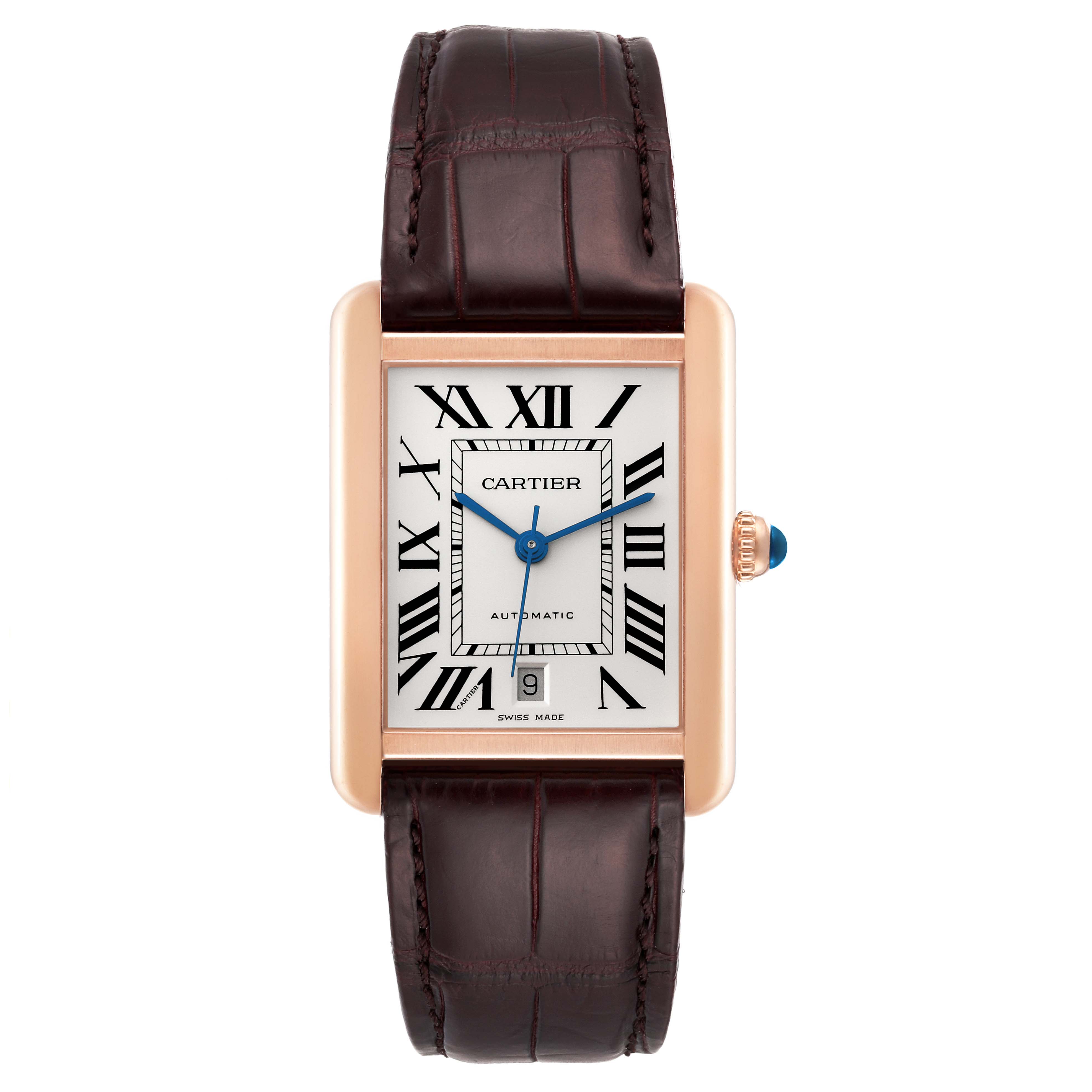 The Cartier Tank Solo W5200026 Men
s Steel and Gold (two tone) Silver Dial W5200026 Men
s Steel and Gold (two tone) Silver Dial watch is shown from a front angle, displaying the face, Roman numerals, and leather strap.