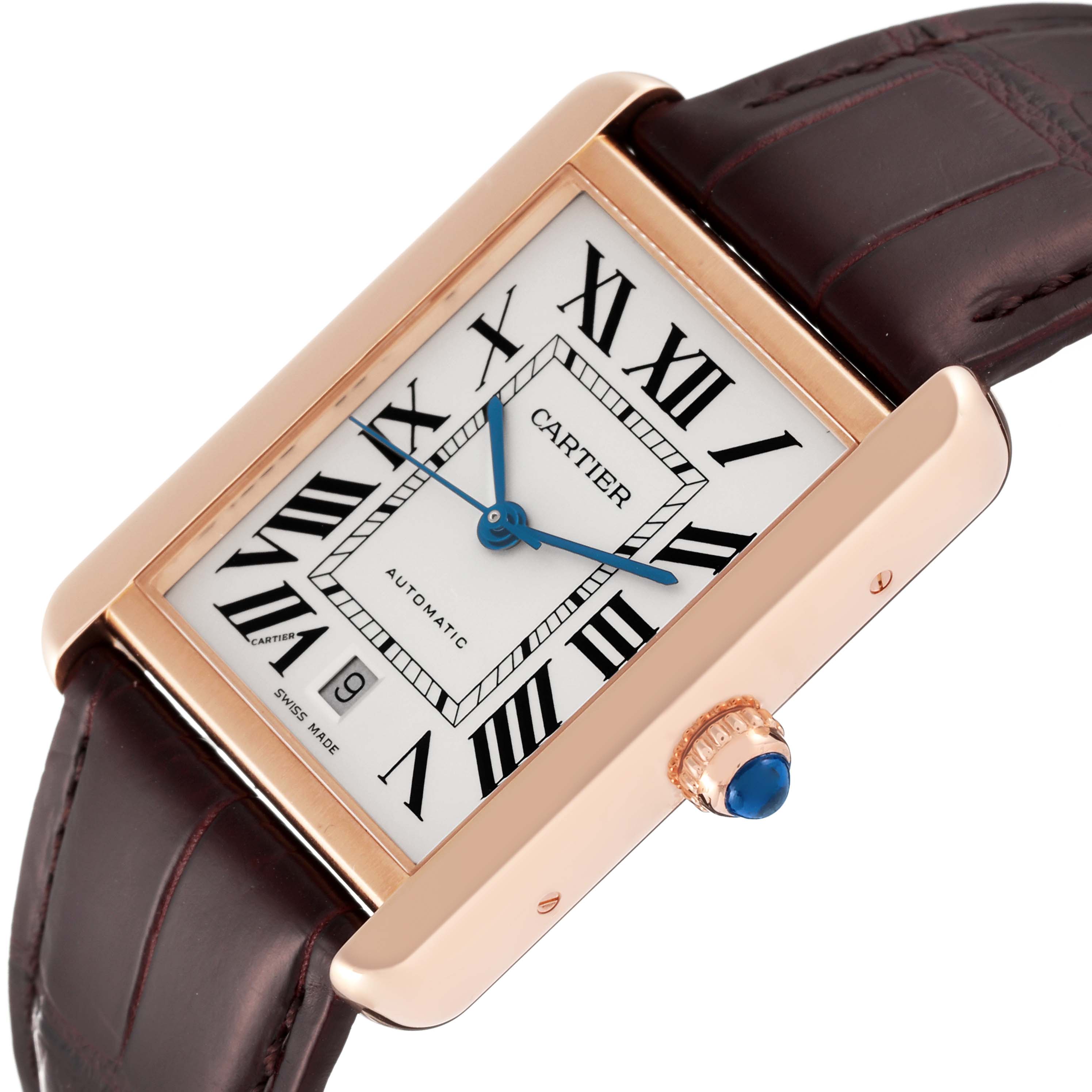 This image shows a Cartier Tank Solo W5200026 Men
s Steel and Gold (two tone) Silver Dial W5200026 Men
s Steel and Gold (two tone) Silver Dial watch angled to display the face, crown, and part of the strap.