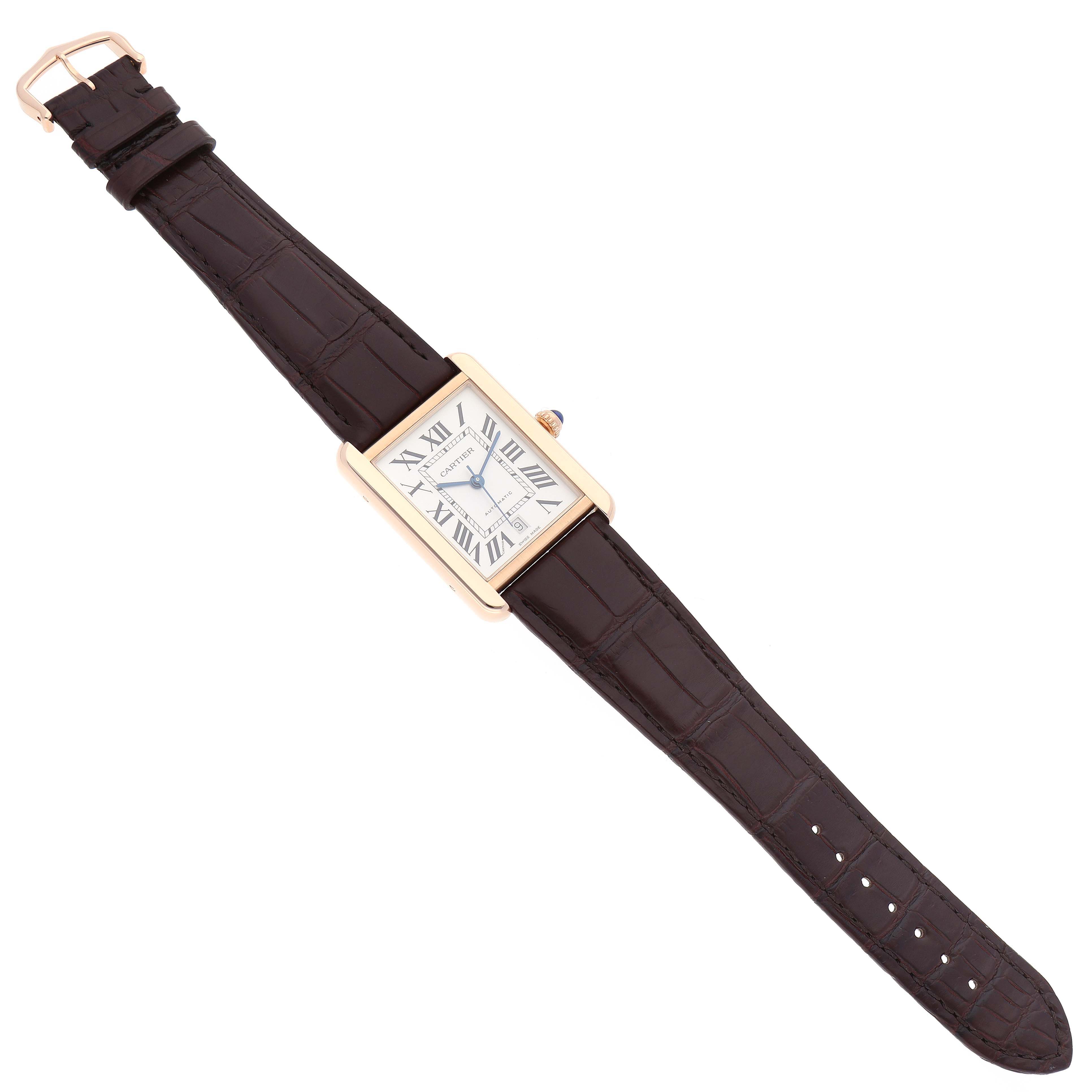 The image shows a top-down view of the Cartier Tank Solo W5200026 Men
s Steel and Gold (two tone) Silver Dial W5200026 Men
s Steel and Gold (two tone) Silver Dial watch, displaying the face, bezel, crown, and leather strap.