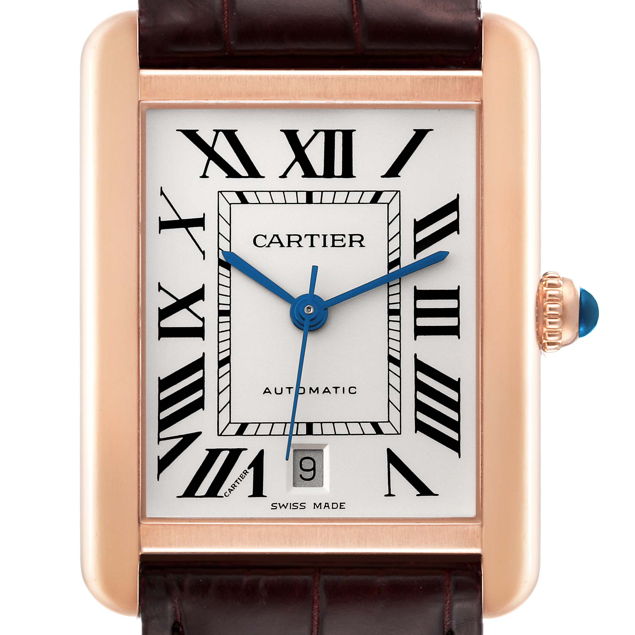 This image shows a front view of a Cartier Tank Solo W5200026 Men
s Steel and Gold (two tone) Silver Dial W5200026 Men
s Steel and Gold (two tone) Silver Dial watch, highlighting its face, case, and part of the leather strap.