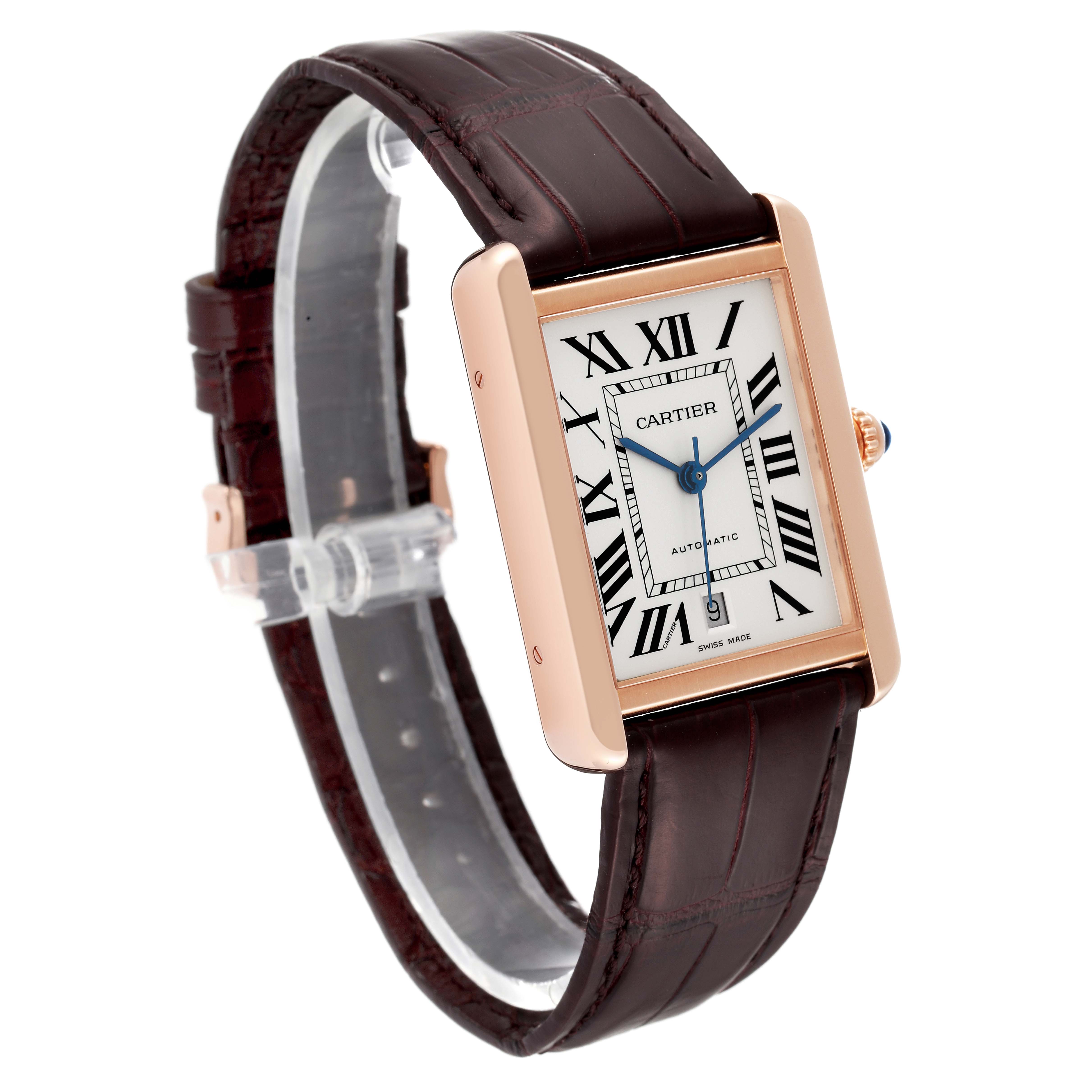The Cartier Tank Solo W5200026 Men
s Steel and Gold (two tone) Silver Dial W5200026 Men
s Steel and Gold (two tone) Silver Dial watch is shown at a slight angle displaying its face, leather strap, and side casing.