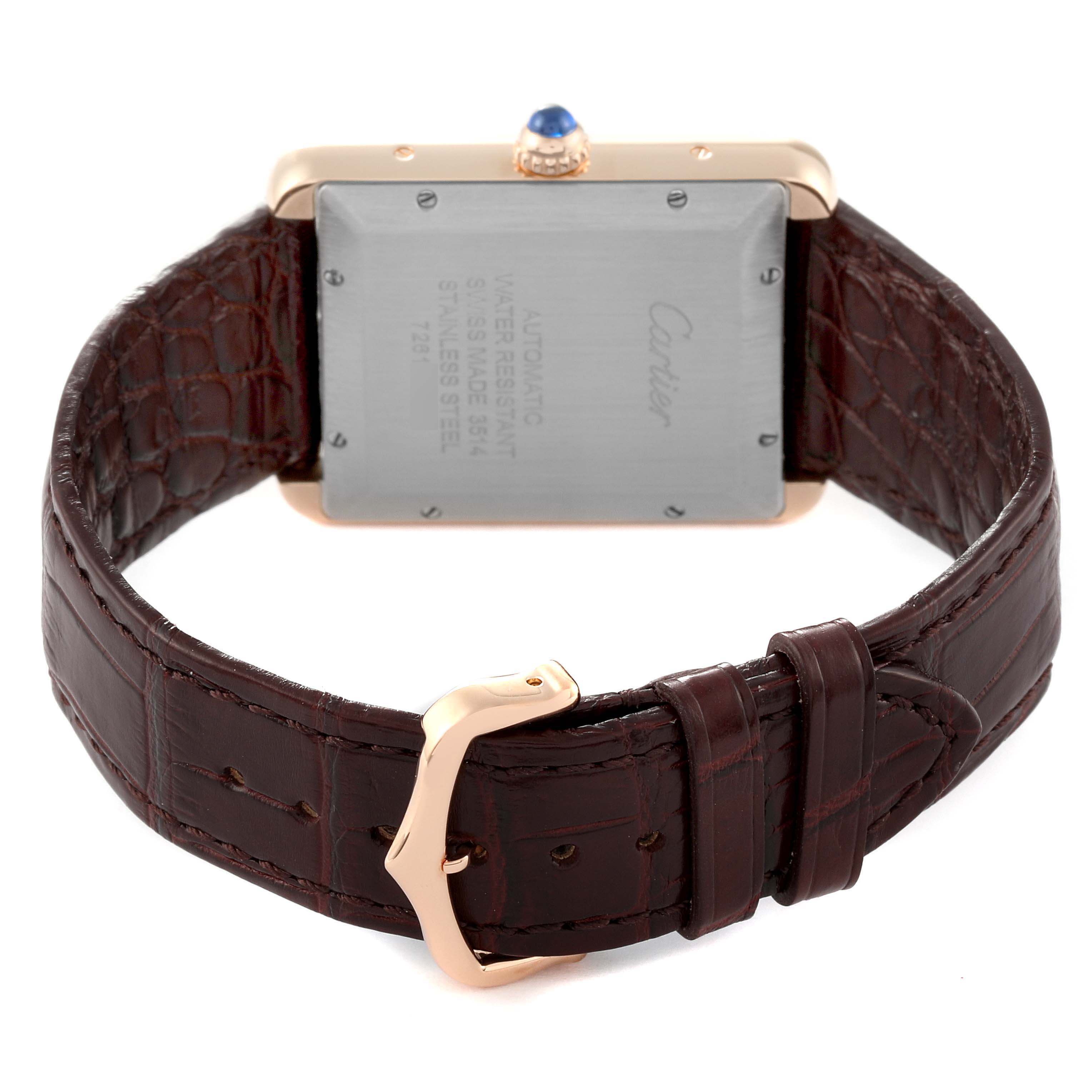 This image shows the back view of a Cartier Tank Solo W5200026 Men
s Steel and Gold (two tone) Silver Dial W5200026 Men
s Steel and Gold (two tone) Silver Dial watch, highlighting the case back, strap, and buckle.