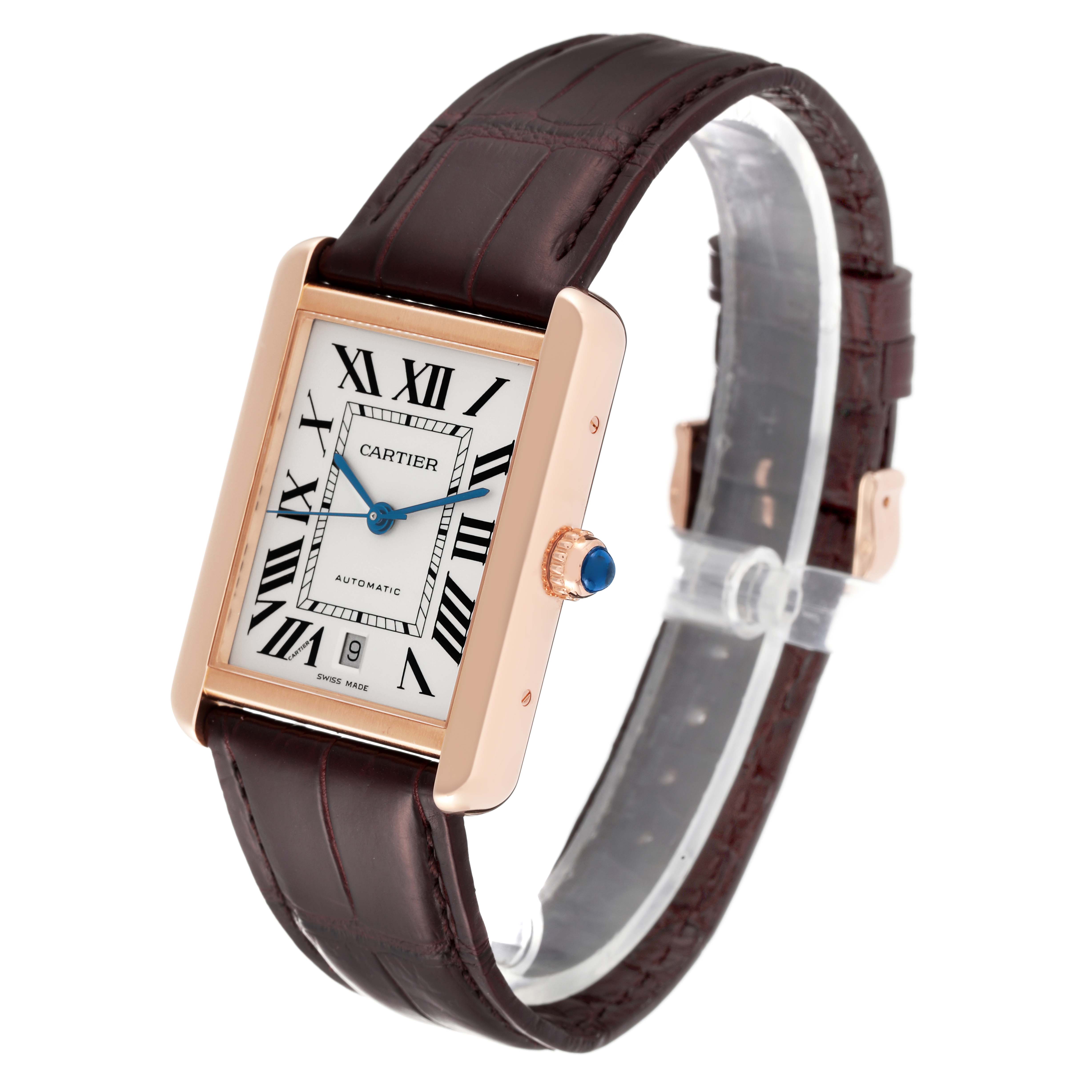 This image shows a Cartier Tank Solo W5200026 Men
s Steel and Gold (two tone) Silver Dial W5200026 Men
s Steel and Gold (two tone) Silver Dial watch at a three-quarter angle featuring its face, crown, and leather strap.