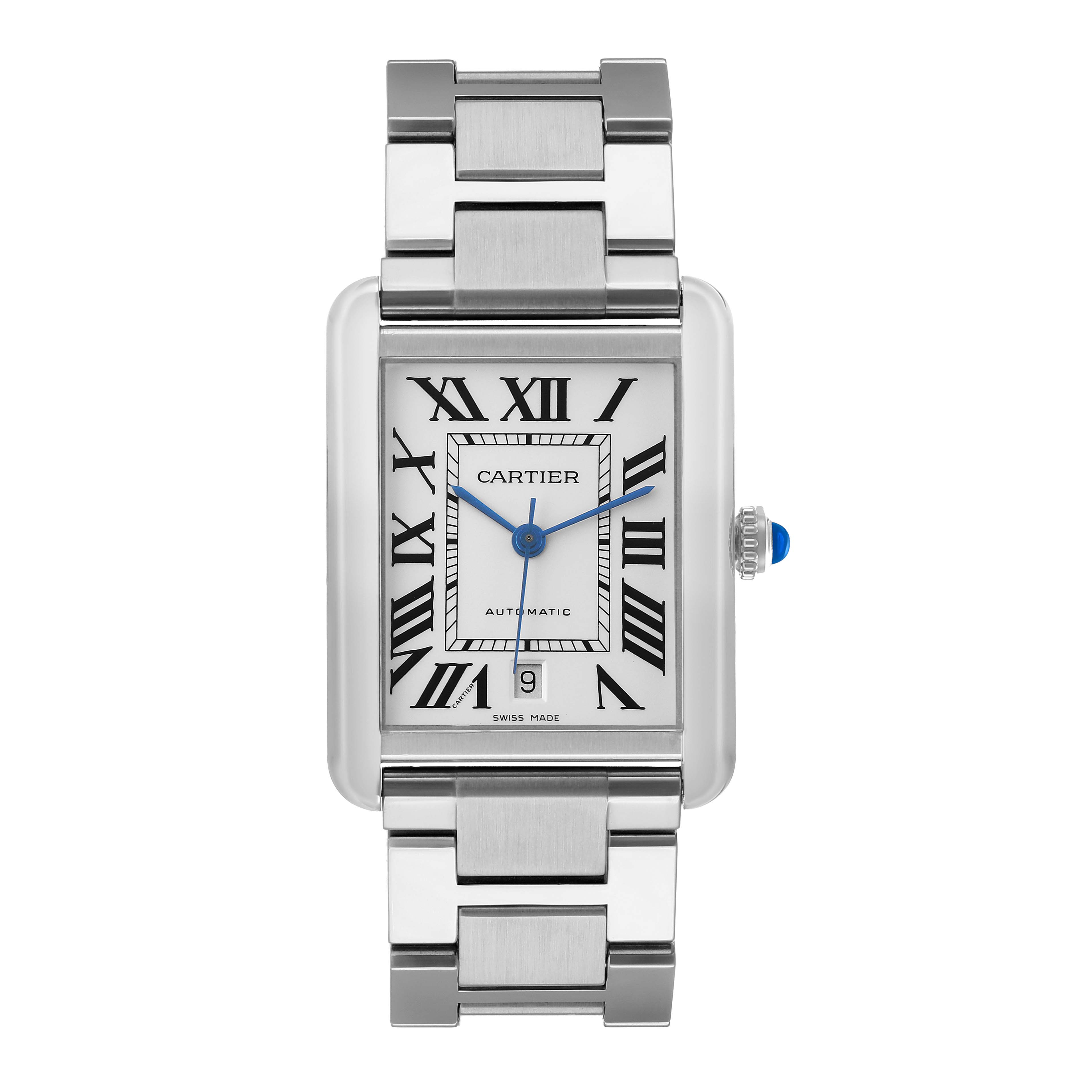 The Cartier Tank Solo W5200028 Men's Stainless Steel Silver Dial watch is shown from a front angle, displaying its rectangular face, Roman numerals, and metal bracelet.
