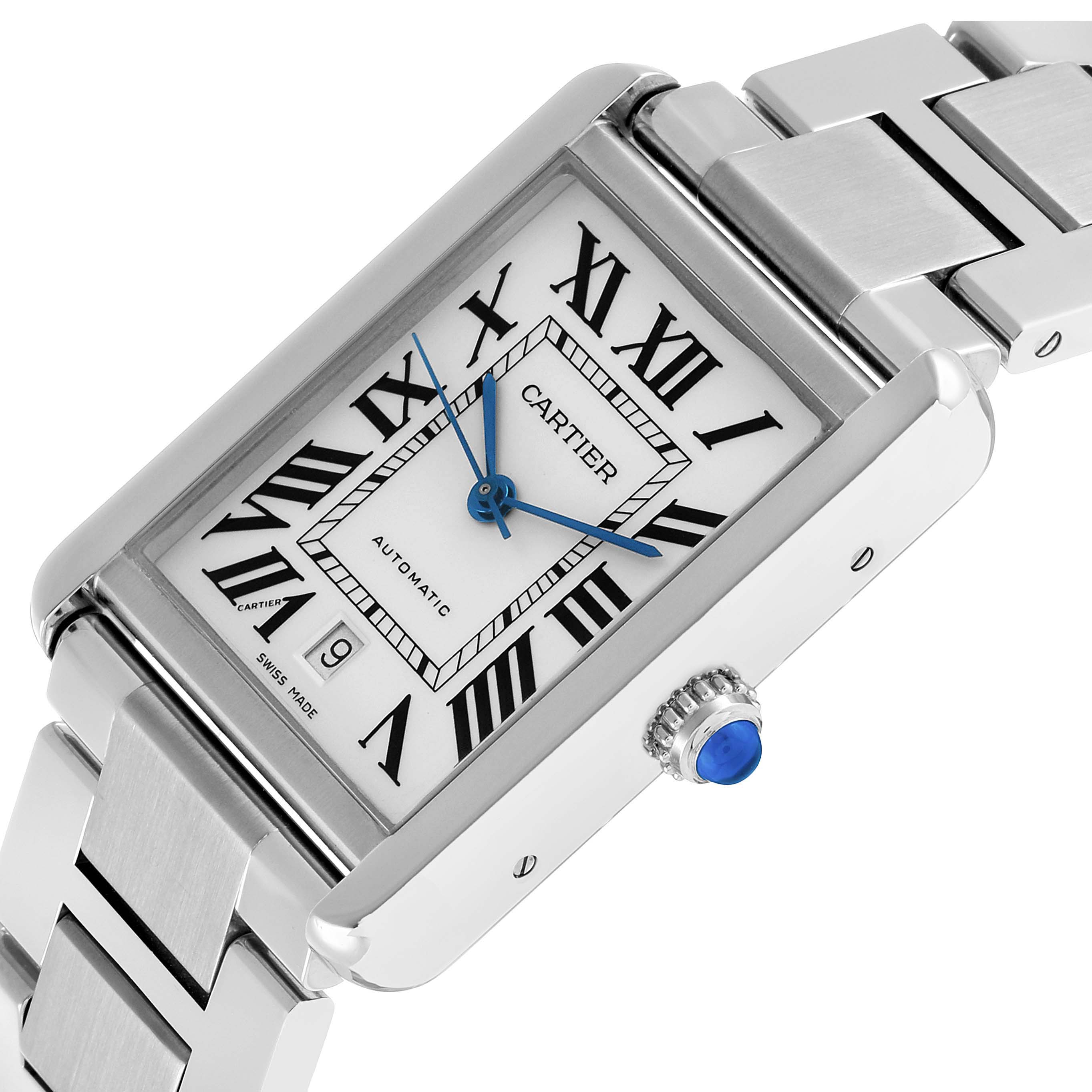 The Cartier Tank Solo W5200028 Men's Stainless Steel Silver Dial watch is shown at an angled view, highlighting the face, Roman numerals, blue hands, crown, and bracelet.