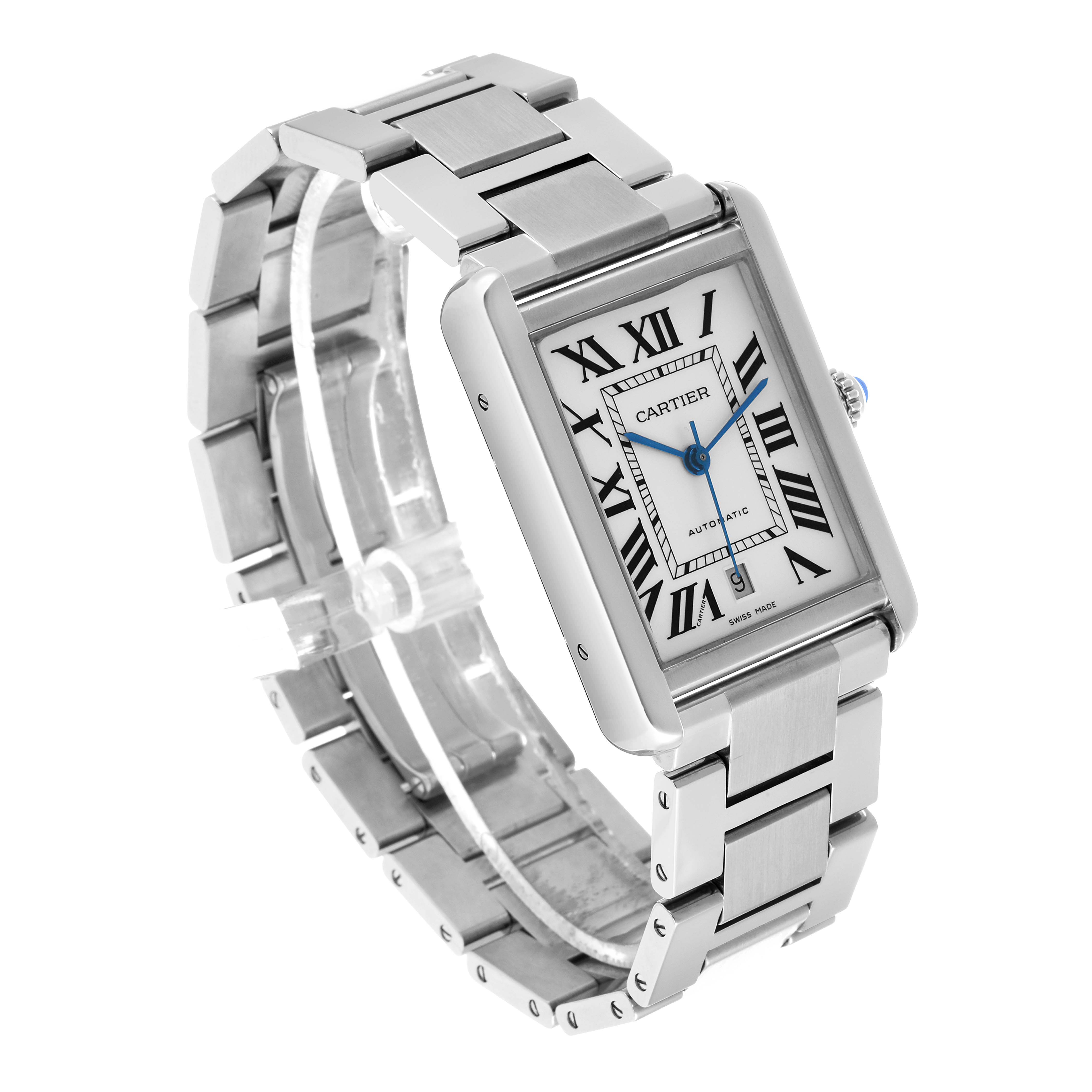 The Cartier Tank Solo W5200028 Men's Stainless Steel Silver Dial watch is shown at a three-quarter angle, displaying the face, Roman numerals, and stainless steel bracelet.