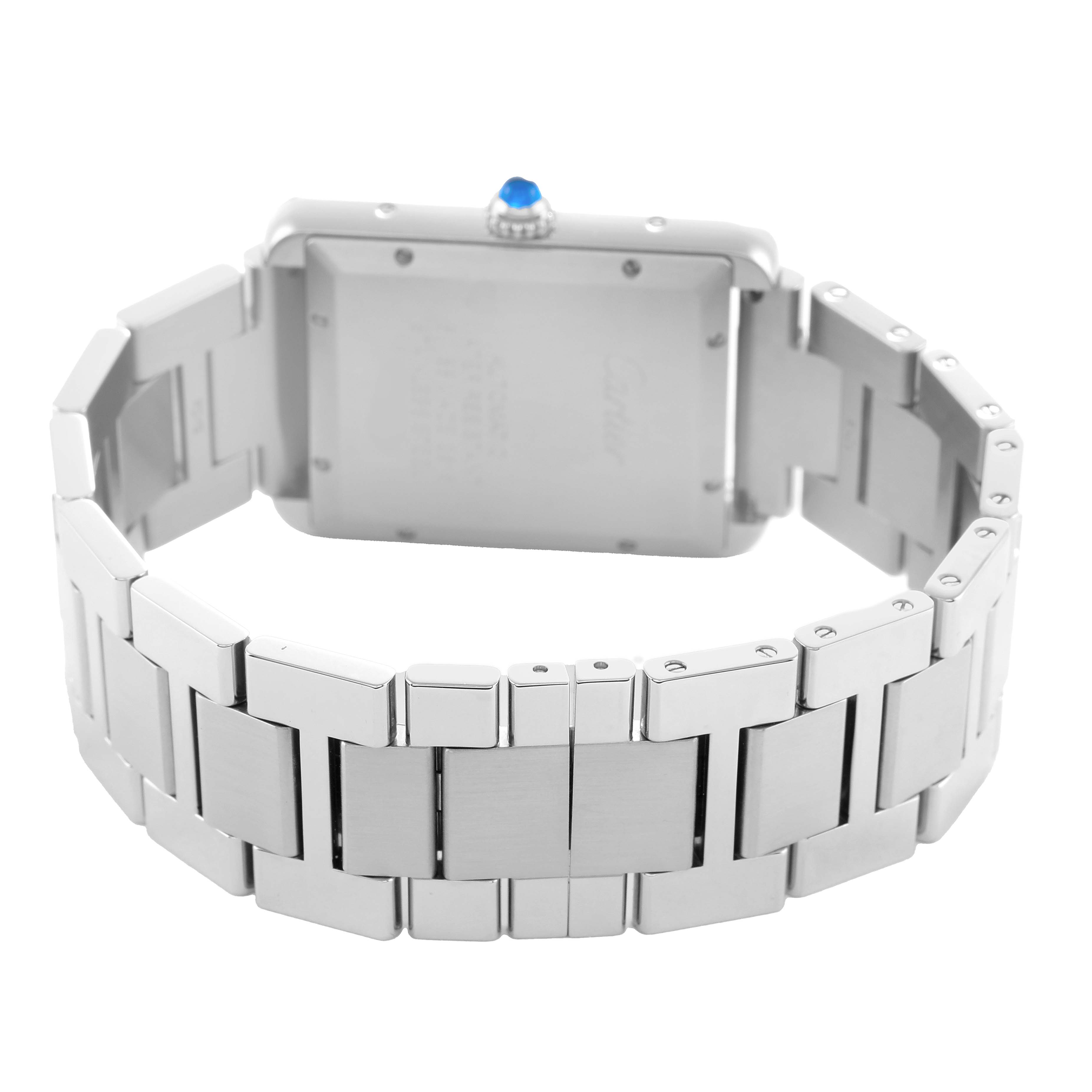 The Cartier Tank Solo W5200028 Men's Stainless Steel Silver Dial watch is shown from the rear, highlighting the case back and metal bracelet.