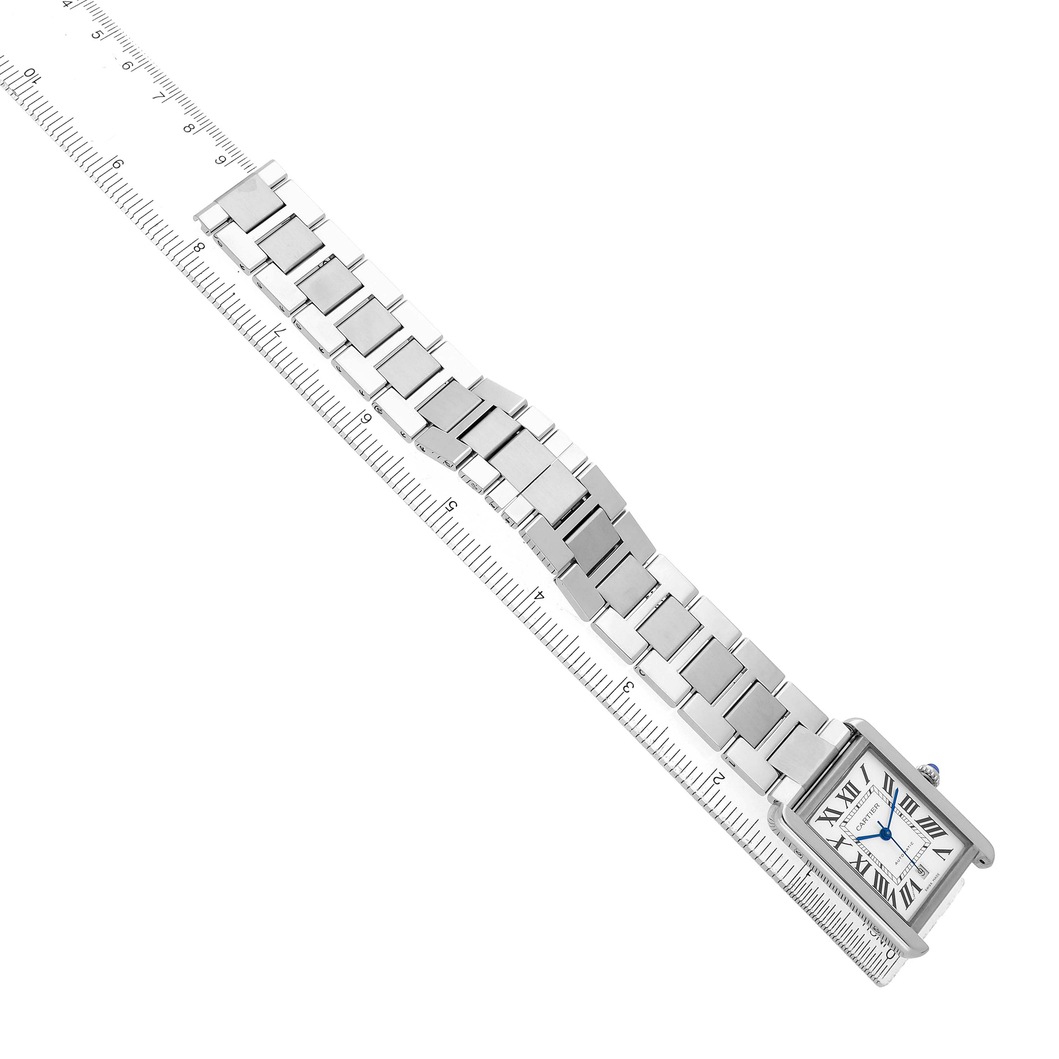 The Cartier Tank Solo W5200028 Men's Stainless Steel Silver Dial watch is shown in an overhead angle, highlighting its rectangular face and linked metal bracelet.