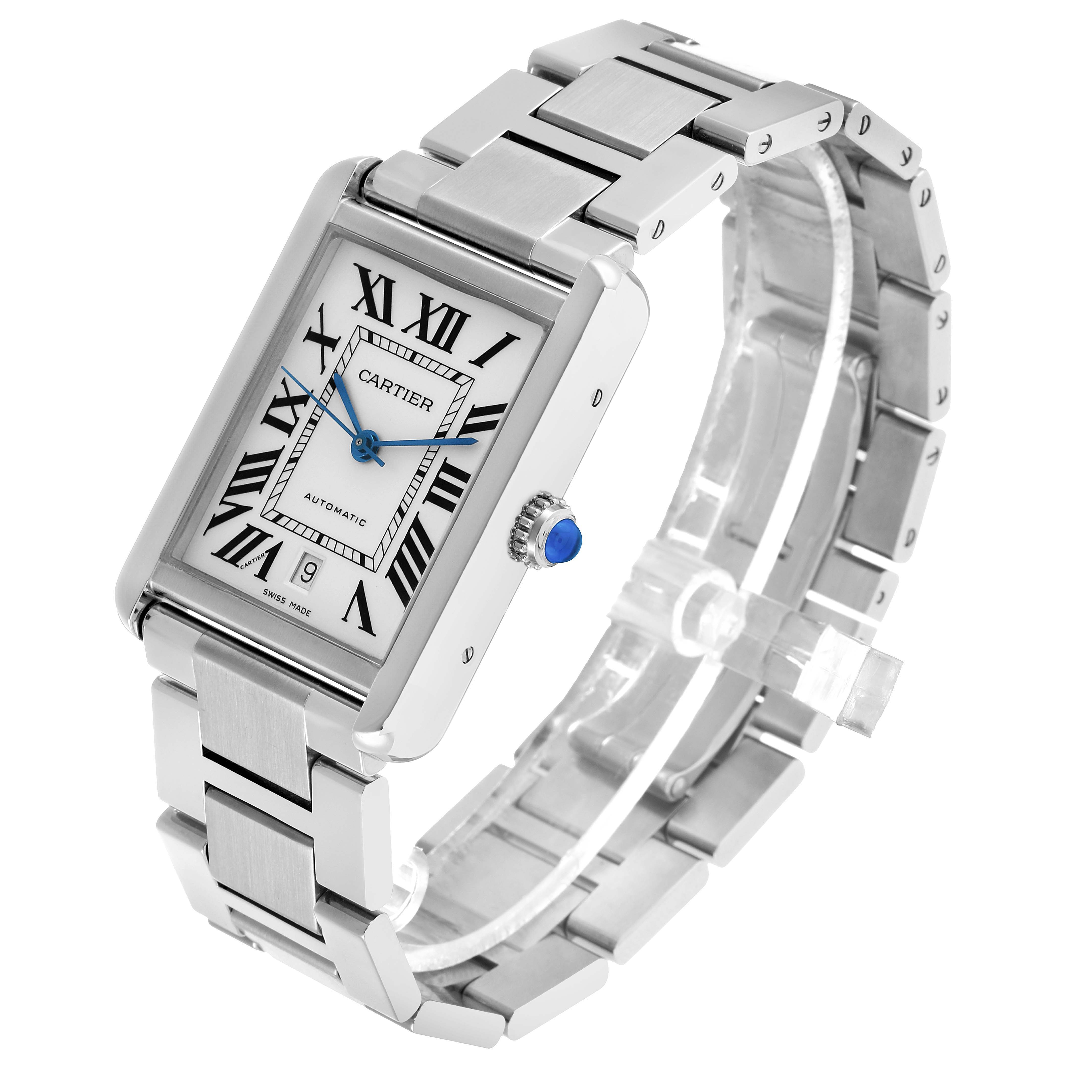 The Cartier Tank Solo W5200028 Men's Stainless Steel Silver Dial watch is shown at an angle highlighting its rectangular case, dial with Roman numerals, and metal bracelet.