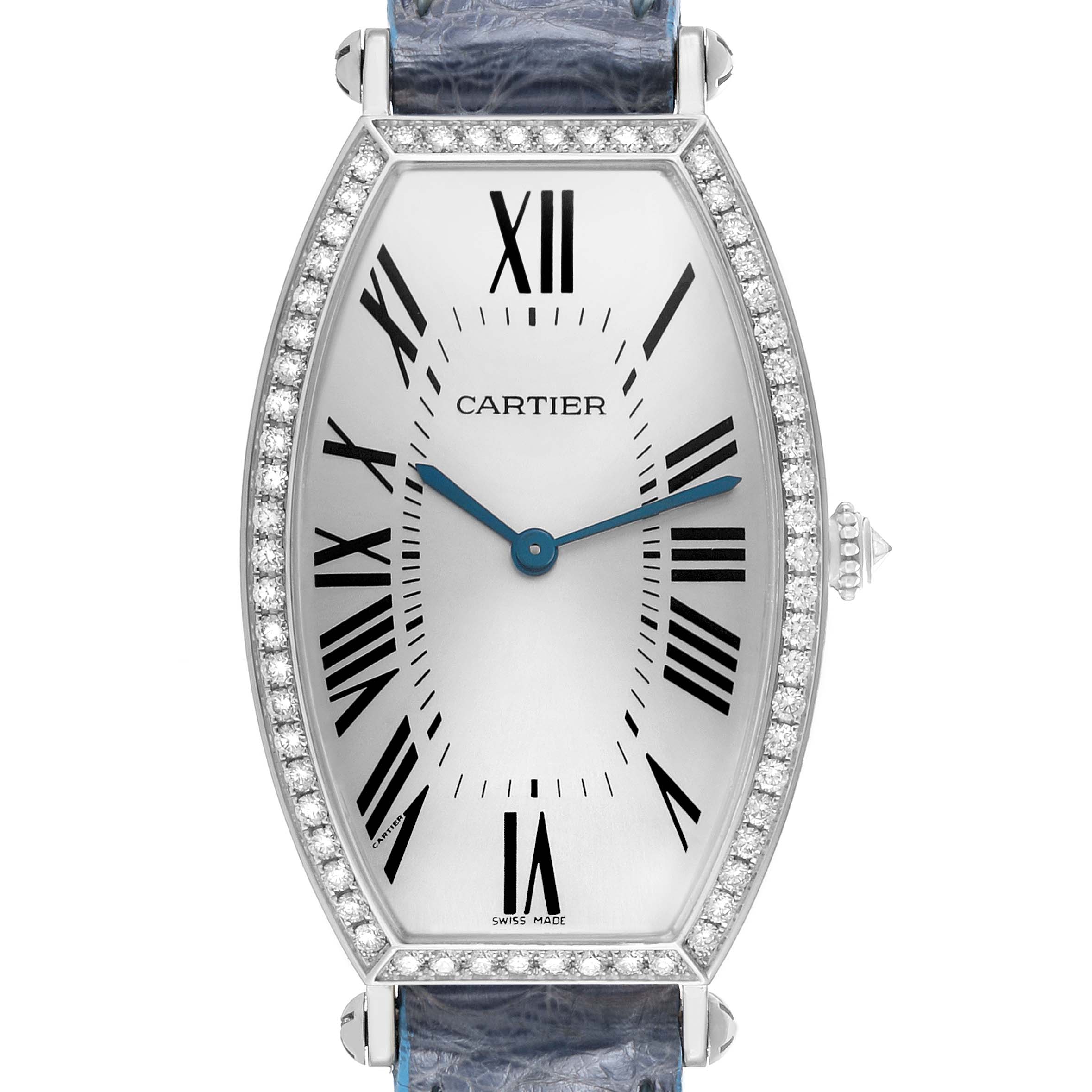 The Cartier Tonneau WE400251 Women's White Gold Silver Dial watch is shown from the front, highlighting its dial, Roman numerals, and diamond-set bezel.