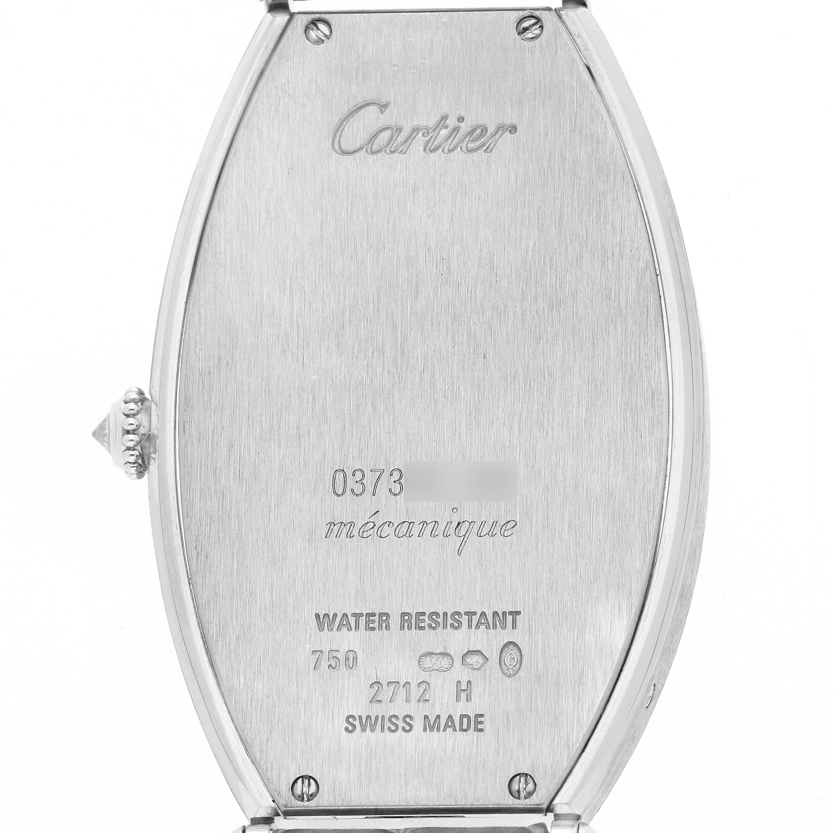 The image shows the back of a Cartier Tonneau WE400251 Women's White Gold Silver Dial watch, highlighting engravings and the crown side profile.