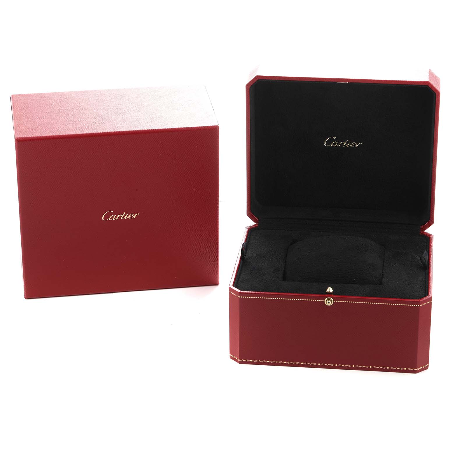 The image shows a Cartier Tonneau WE400251 Women's White Gold Silver Dial watch box and outer packaging, open to display the inner cushion.