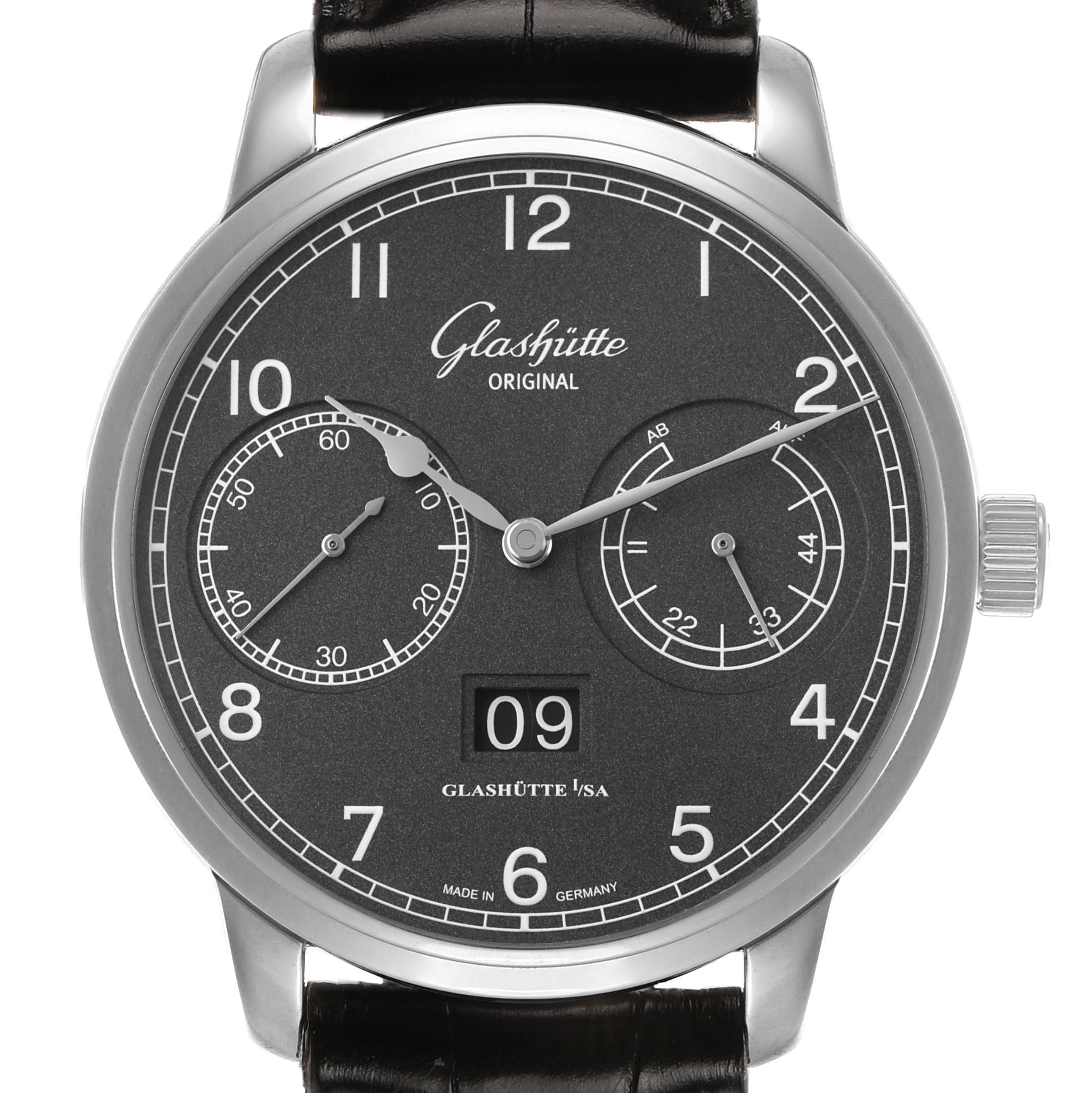 The Glashütte Senator watch is shown from the front, highlighting the dial, subdials, and date display.