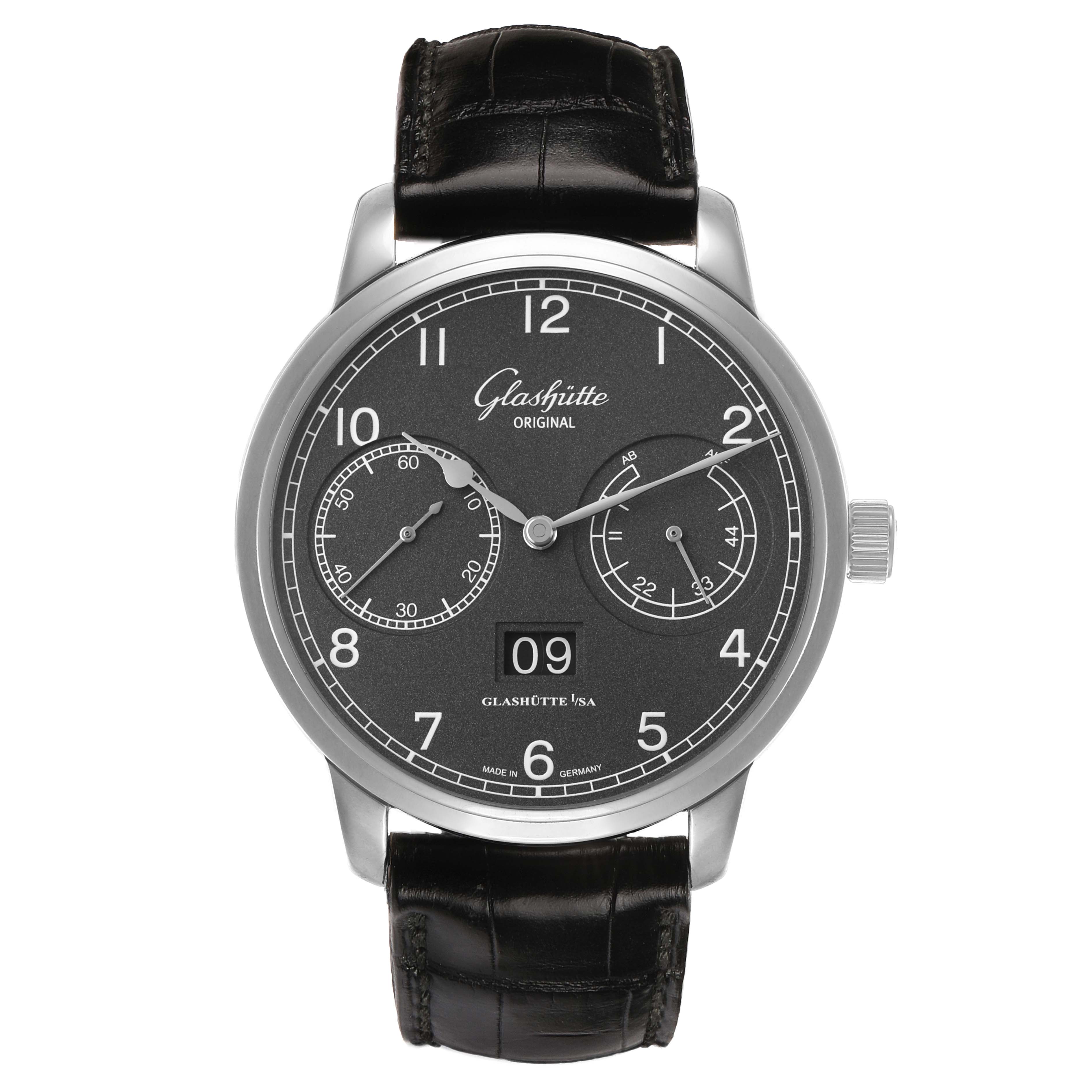 The Glashütte Senator watch is shown from a front angle, displaying the dial, numerals, subdials, and strap.