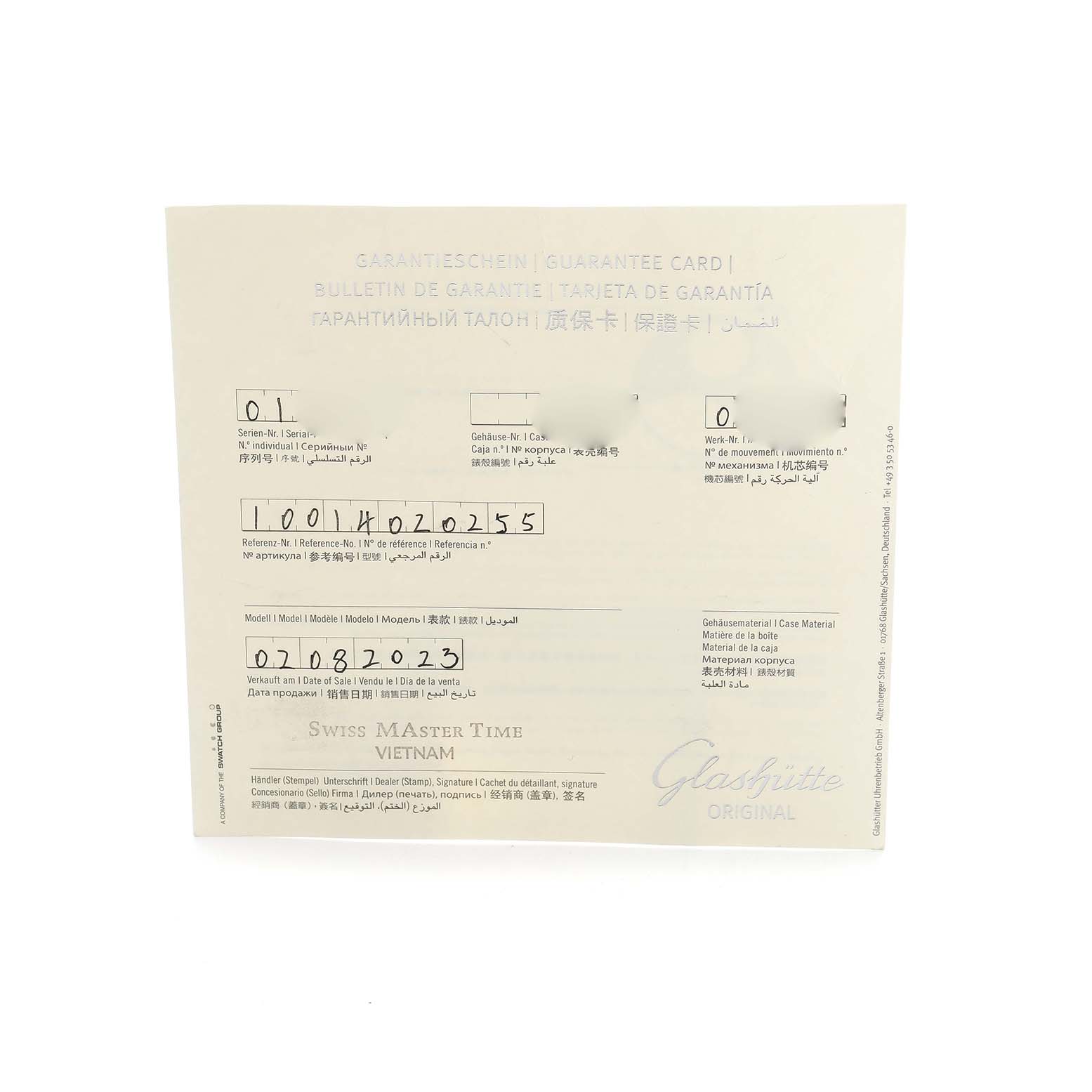 The image shows a front view of the guarantee card for the Senator model by Glashütte Original.