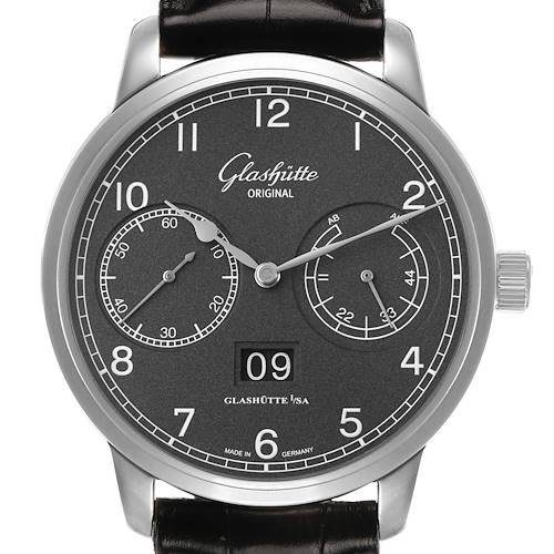 The Glashütte Senator watch is shown straight on, highlighting the dial, hands, numerals, and date display.