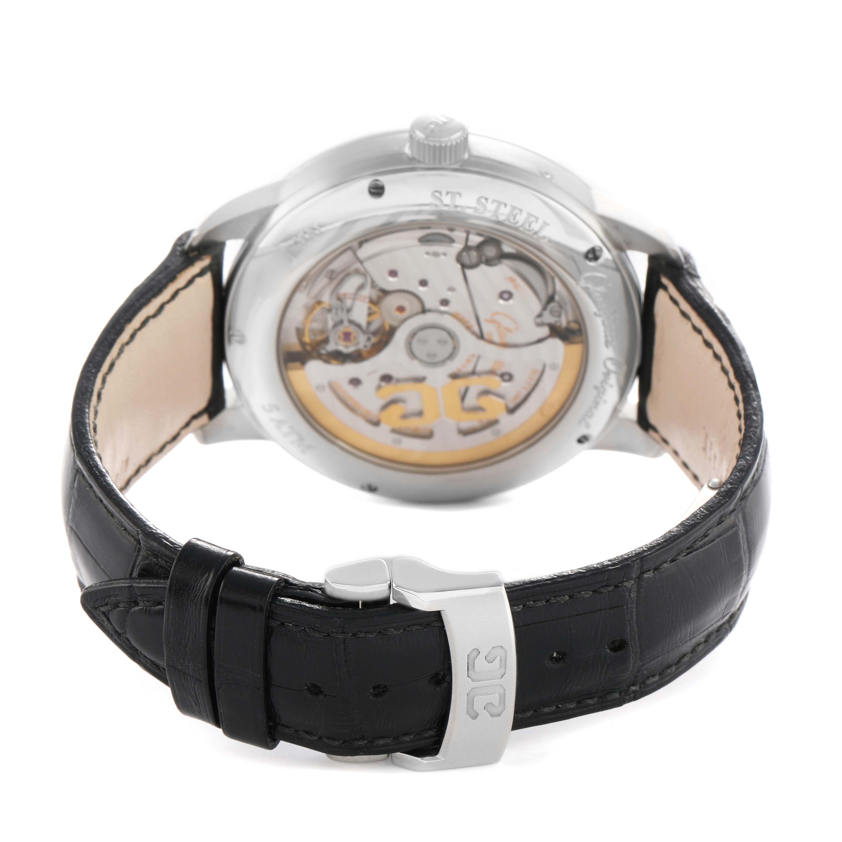 The Glashutte Senator 1-00-14-02-02-55 Men's Stainless Steel Grey Dial watch is shown from the back, highlighting its movement and leather strap with a metal clasp.