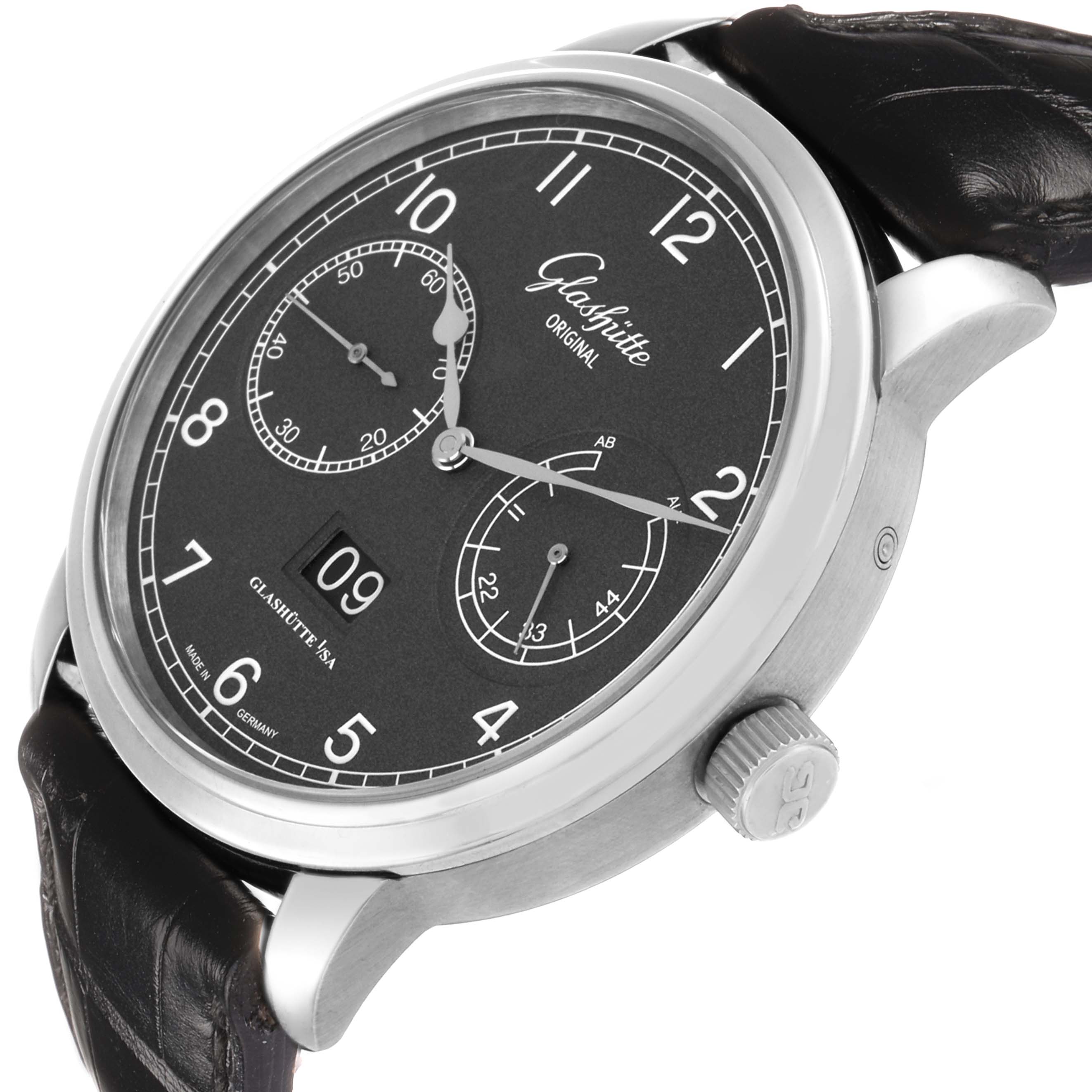 The Glashütte Senator watch is shown at a slight angle, displaying the dial, crown, and strap attachment.