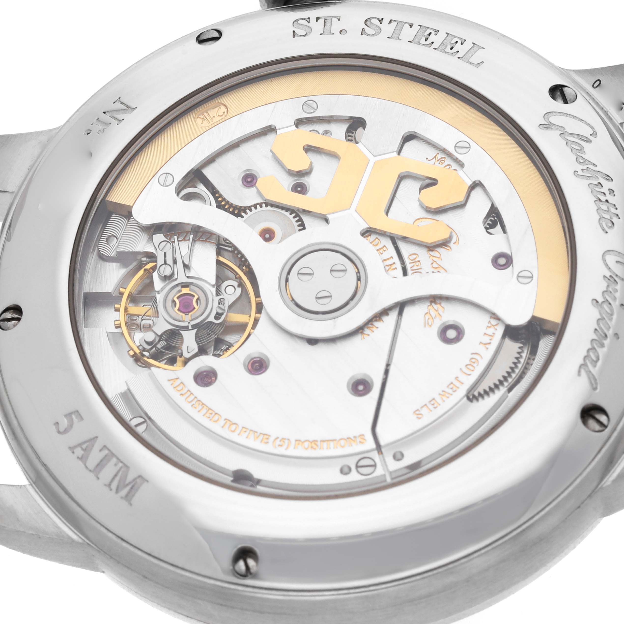 The image shows the Glashütte Senator model watch's back view, highlighting the intricate movement and rotor.