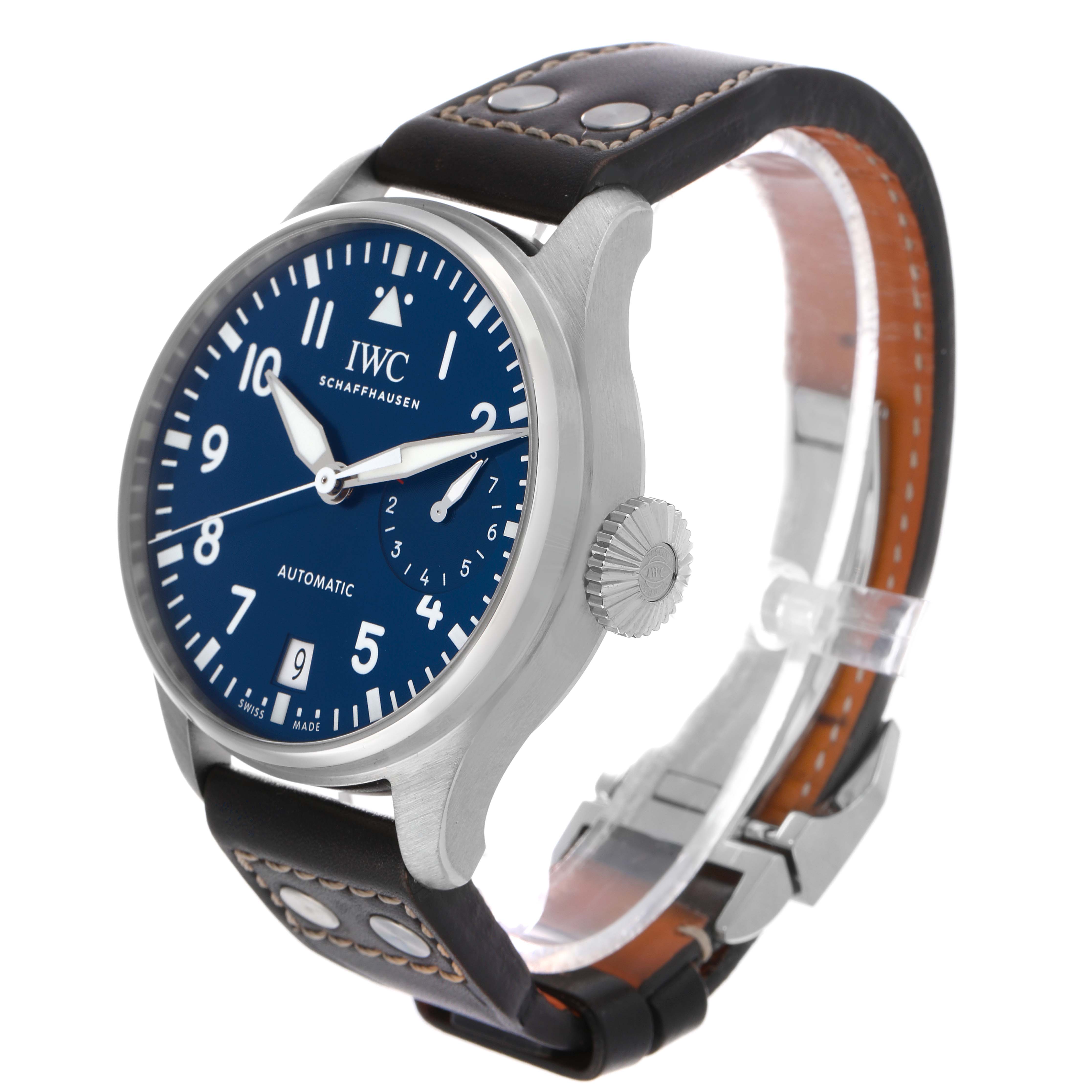 The IWC Pilot IW501002 Men's Stainless Steel Blue Dial watch is shown from a side angle, highlighting the face, crown, and leather strap with stitching.