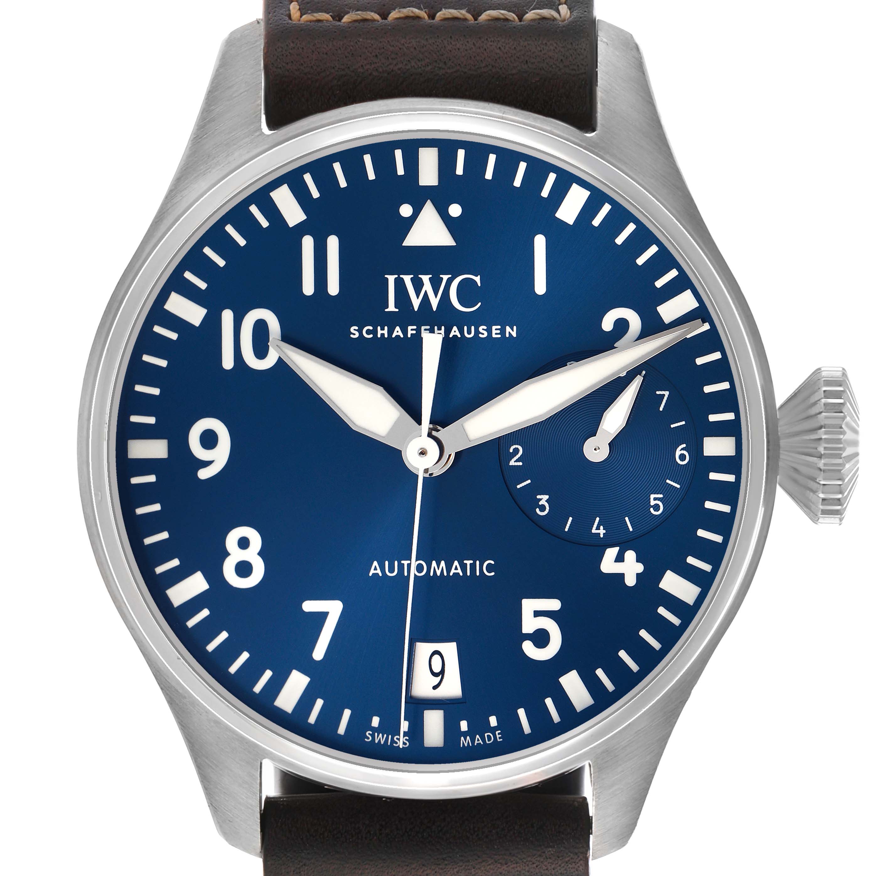 The IWC Pilot IW501002 Men's Stainless Steel Blue Dial model is shown from the front, displaying its blue dial, large numerals, and leather strap.