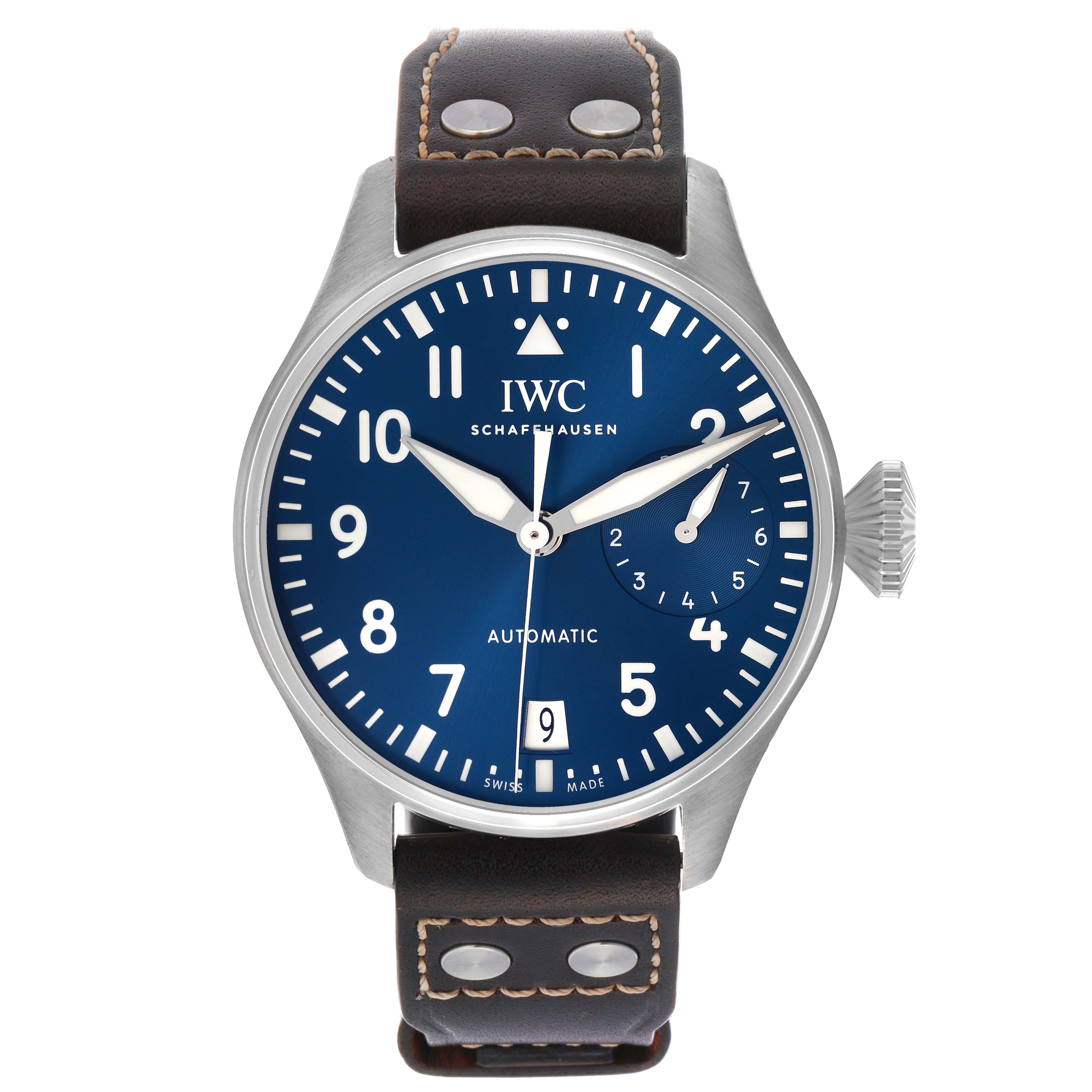 This image shows a front view of the IWC Pilot IW501002 Men's Stainless Steel Blue Dial watch, displaying its blue dial, numerals, hands, crown, and leather strap.