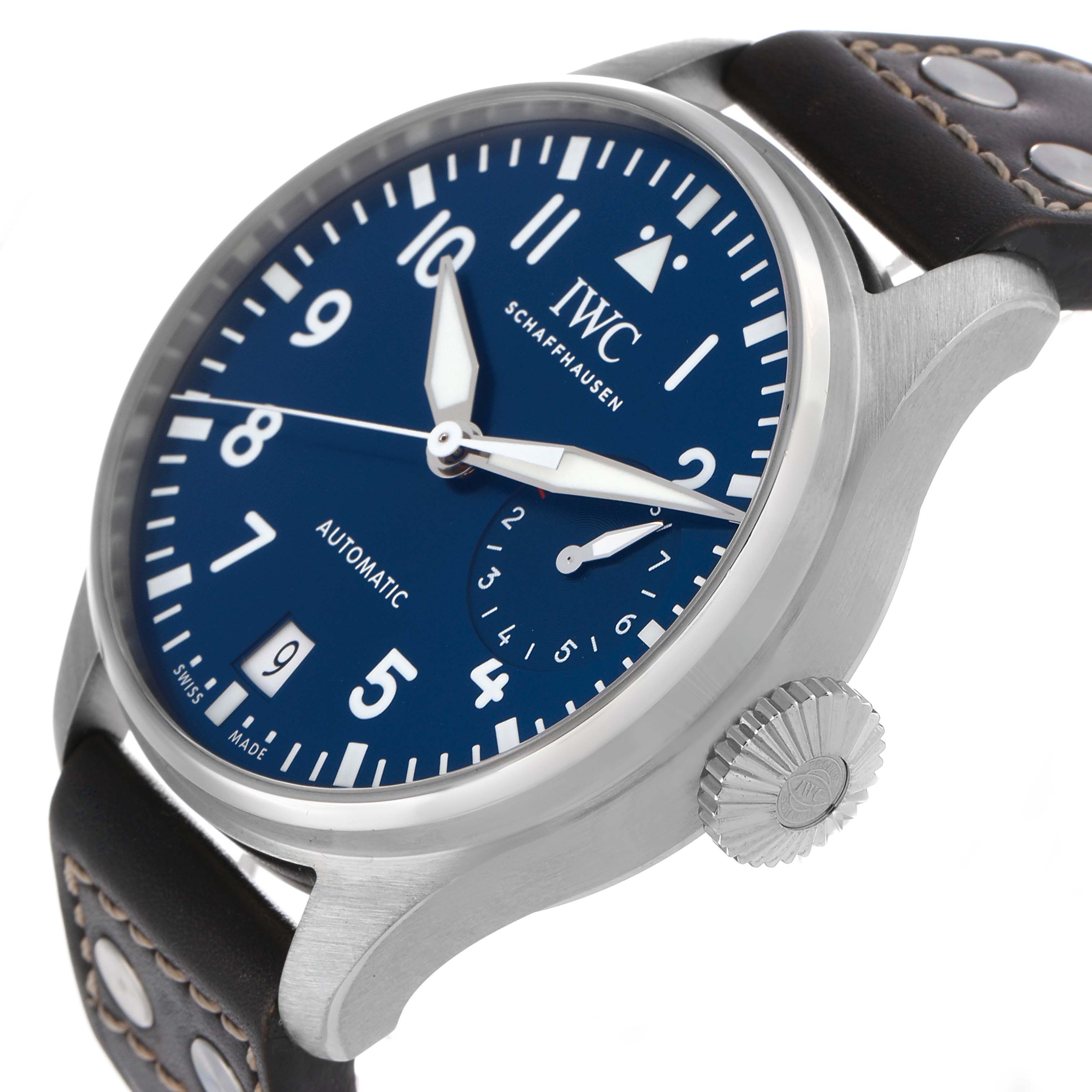 The IWC Pilot IW501002 Men's Stainless Steel Blue Dial watch is shown at a slight angle, highlighting the face, crown, and leather strap.