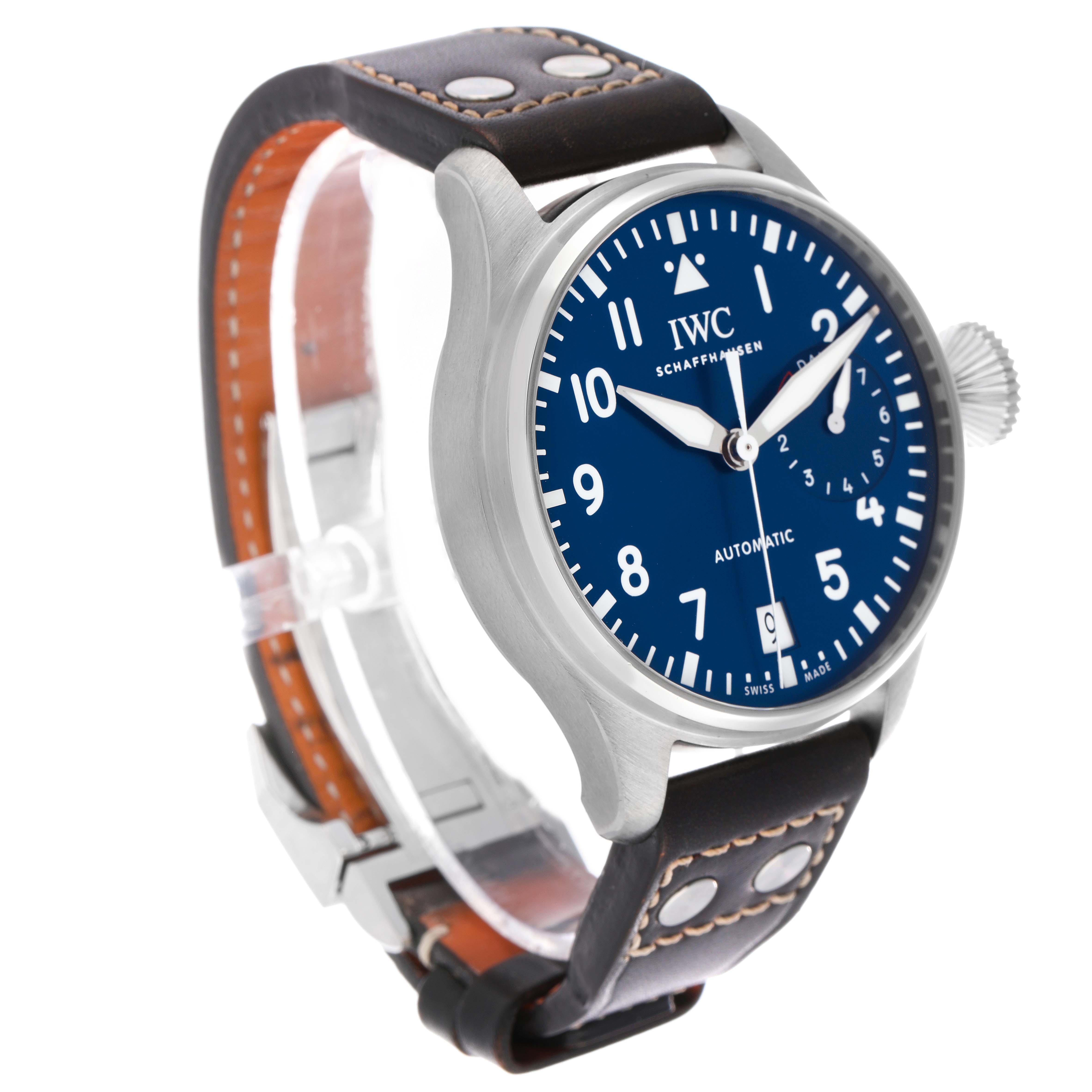 The IWC Pilot IW501002 Men's Stainless Steel Blue Dial watch is shown from a three-quarter angle highlighting its blue dial, silver case, and black leather strap.