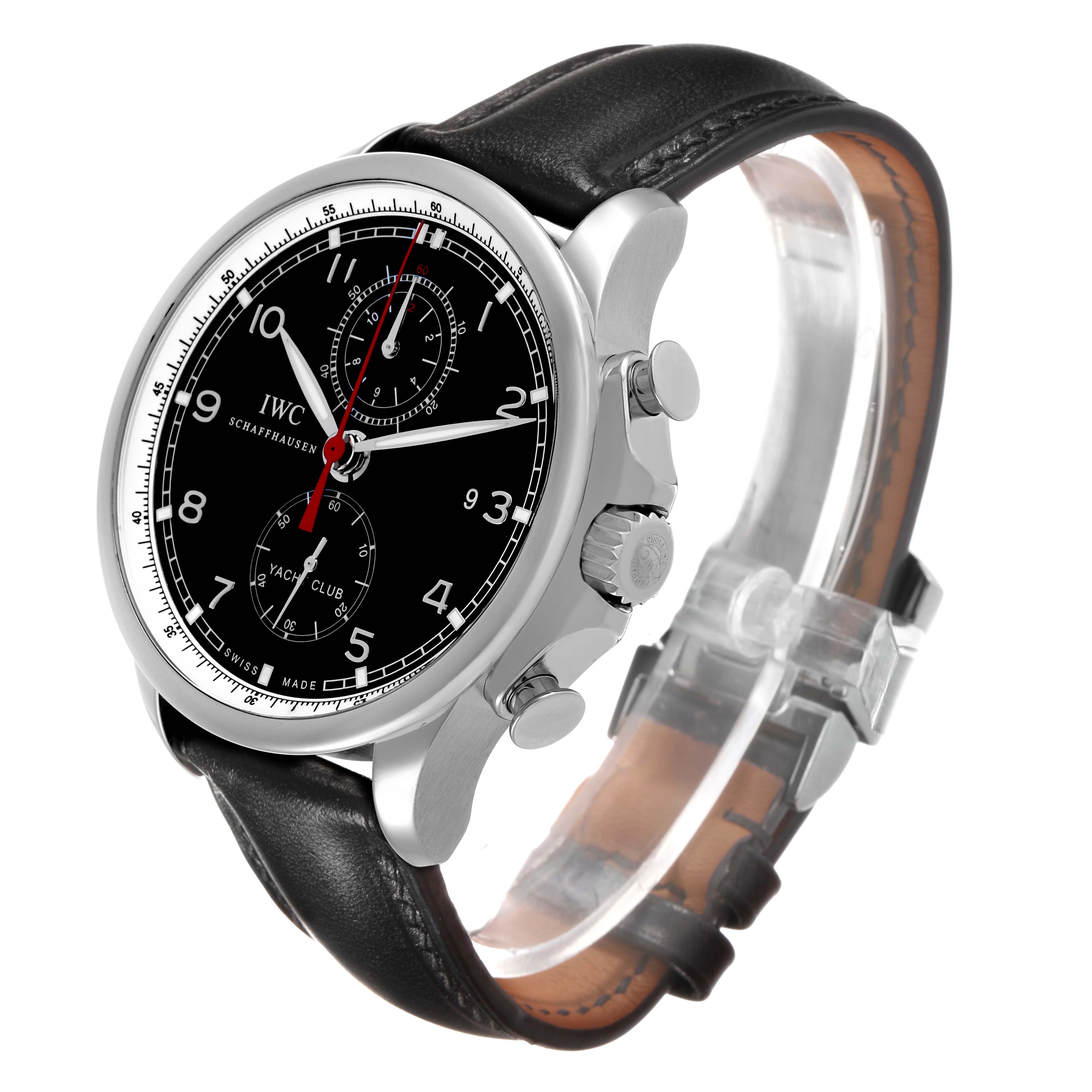 The IWC Portuguese IW371609 Men's Stainless Steel Black Dial watch is shown from a slight side angle, displaying its black dial, crown, chronograph pushers, and leather strap.