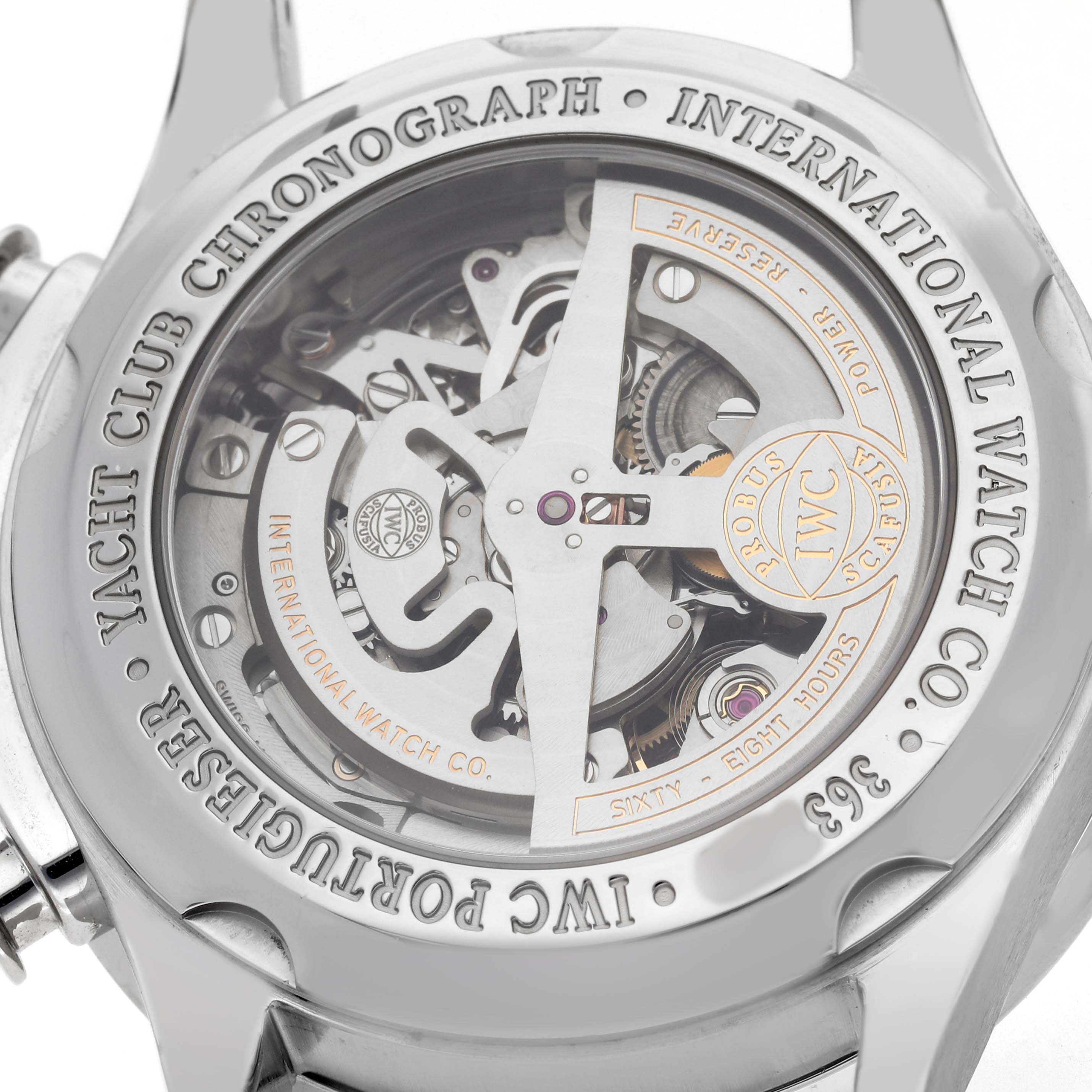 The image shows the back of the IWC Portuguese IW371609 Men's Stainless Steel Black Dial Yacht Club Chronograph, displaying the intricate mechanical movement.