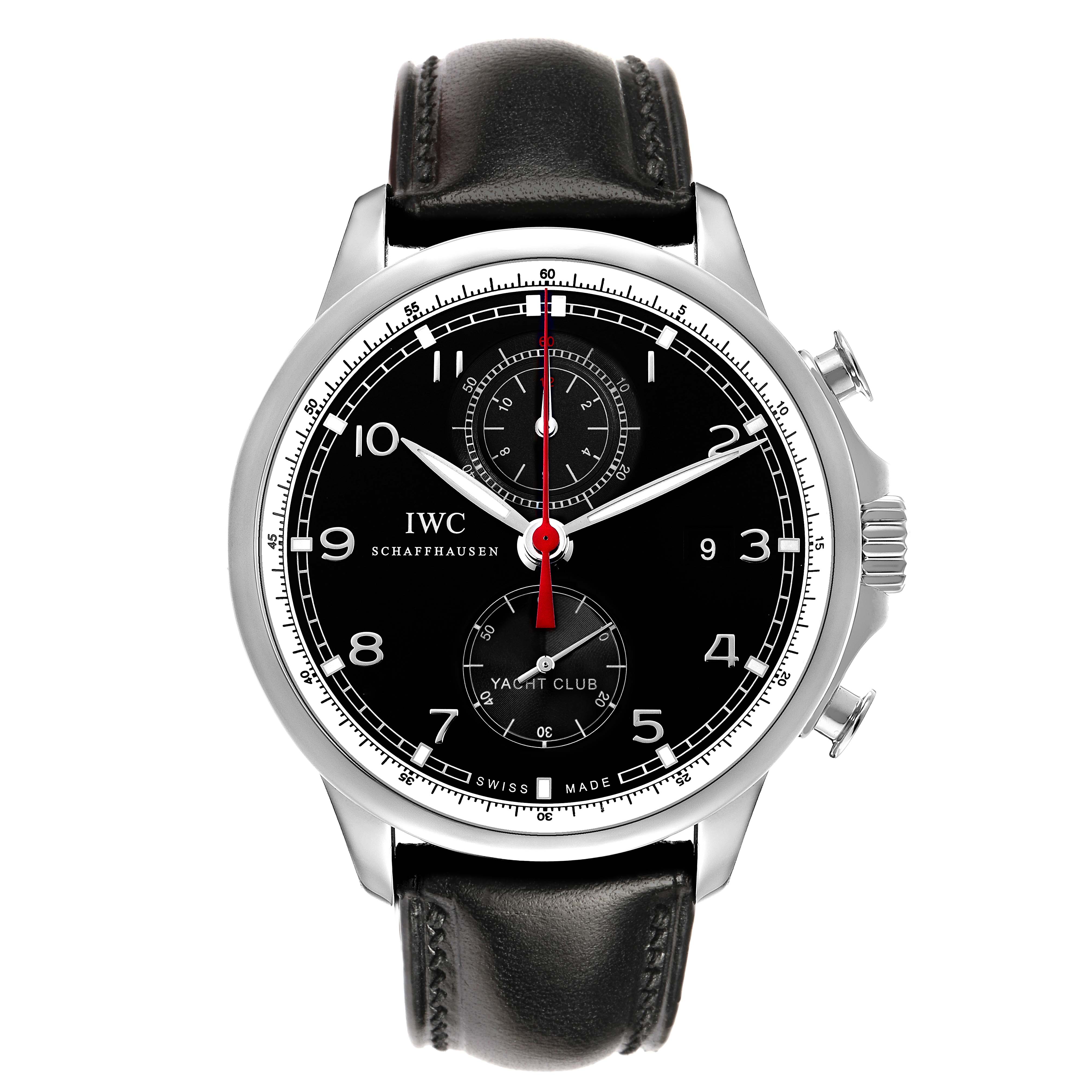 The IWC Portuguese IW371609 Men's Stainless Steel Black Dial watch is shown from the front, displaying the black dial, subdials, crown, and leather strap.