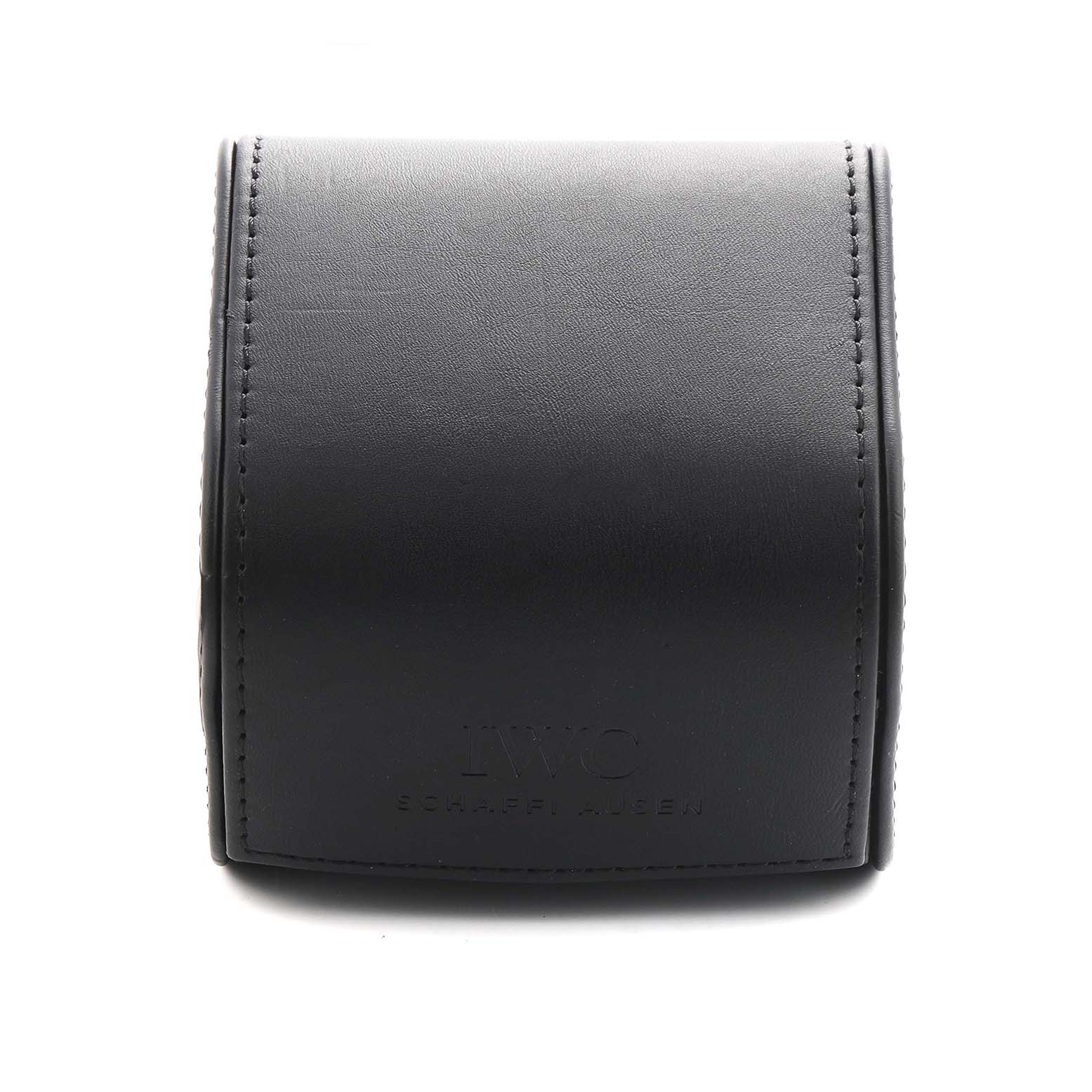 The image shows a leather watch case for an IWC Portuguese IW371609 Men's Stainless Steel Black Dial model, viewed from the front.