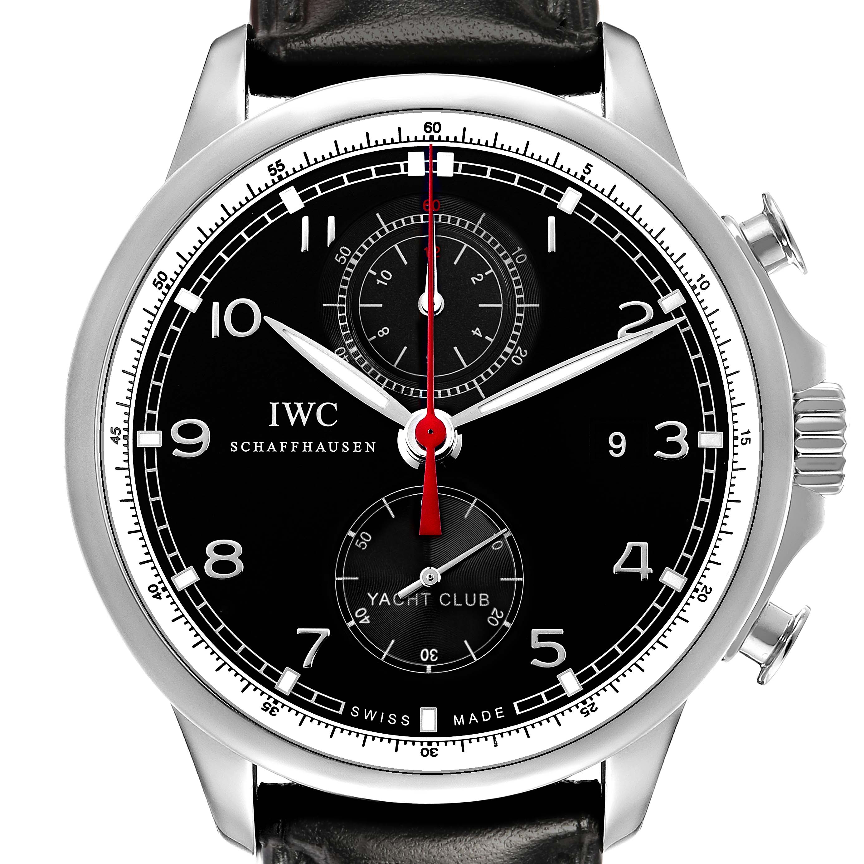 The IWC Portuguese IW371609 Men's Stainless Steel Black Dial watch is shown from a front angle, displaying the dial, hands, subdials, and crown.