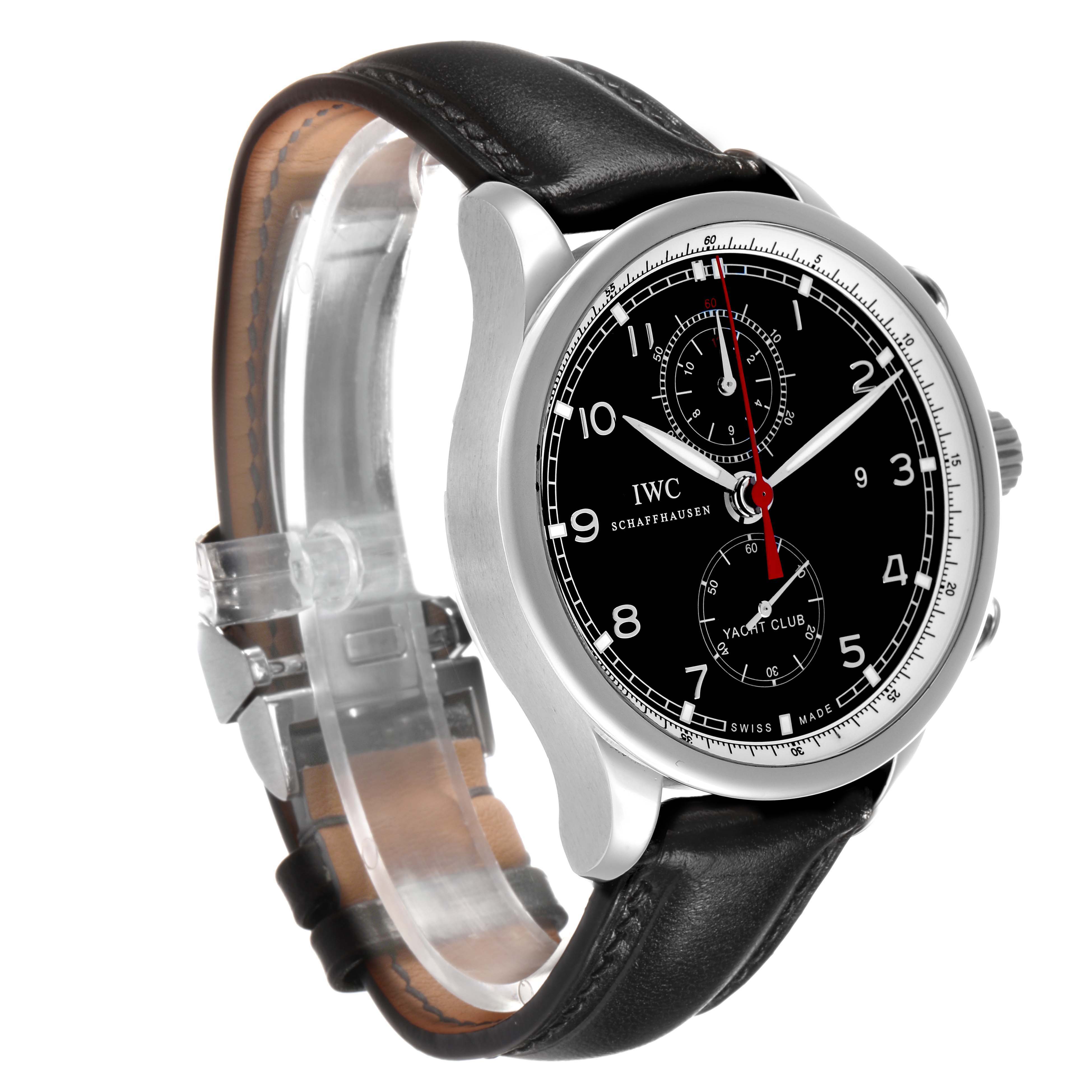 The IWC Portuguese IW371609 Men's Stainless Steel Black Dial watch model is shown in a side angle, highlighting the black dial, subdials, and leather strap.