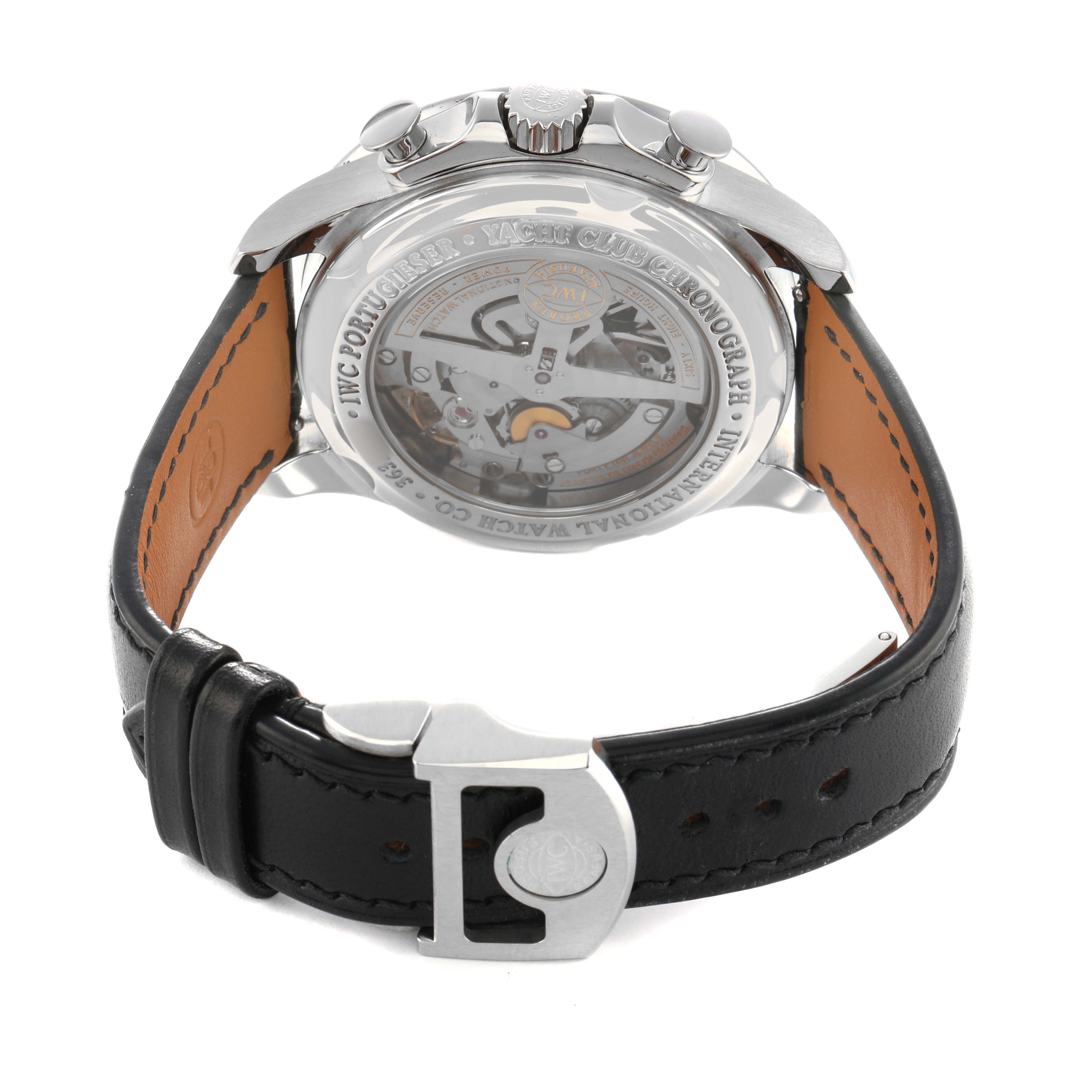 The image shows the back of the IWC Portuguese IW371609 Men's Stainless Steel Black Dial watch, highlighting the transparent case back and leather strap with clasp.
