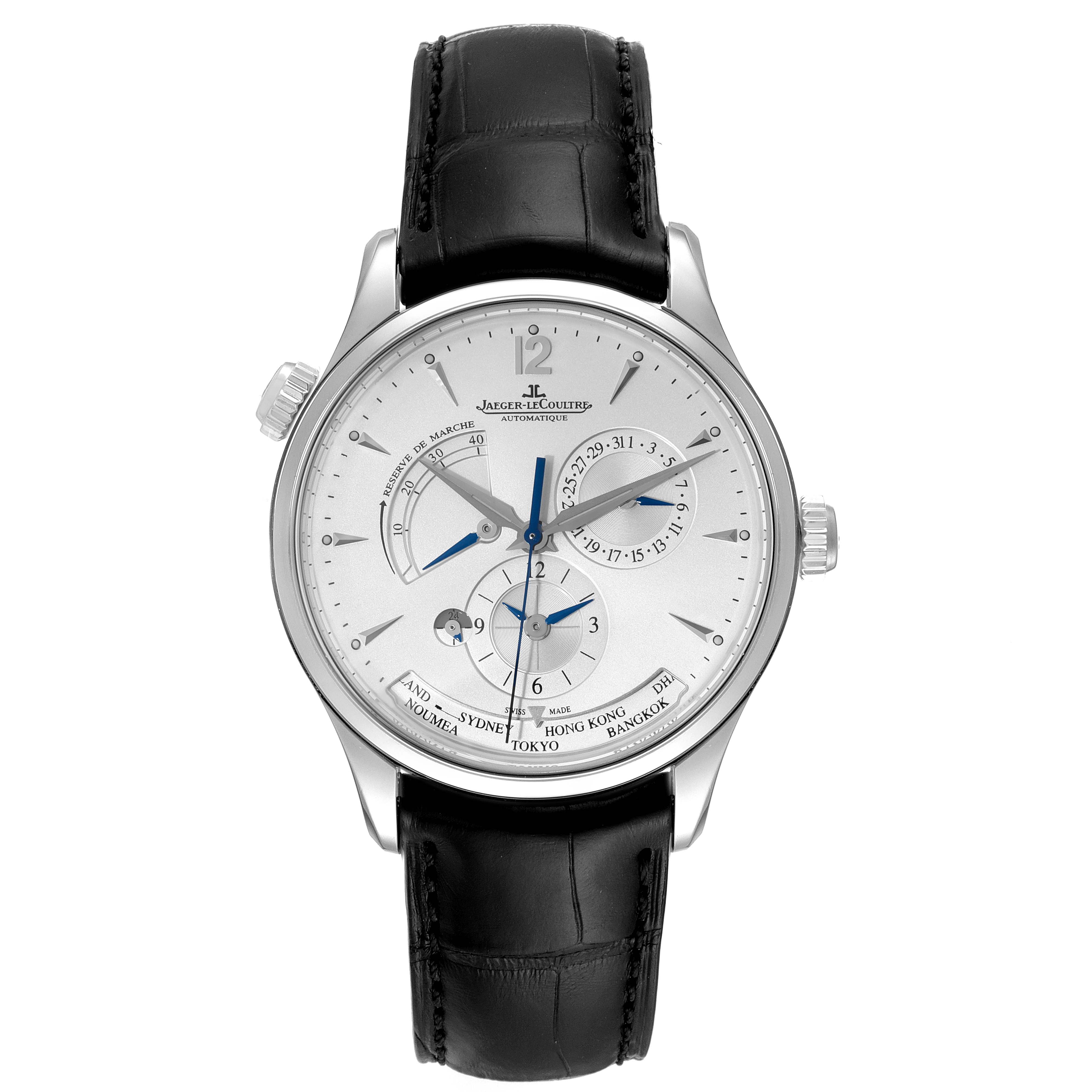 This is a front view of the Jaeger-LeCoultre Master model watch, showing the dial and black leather strap.