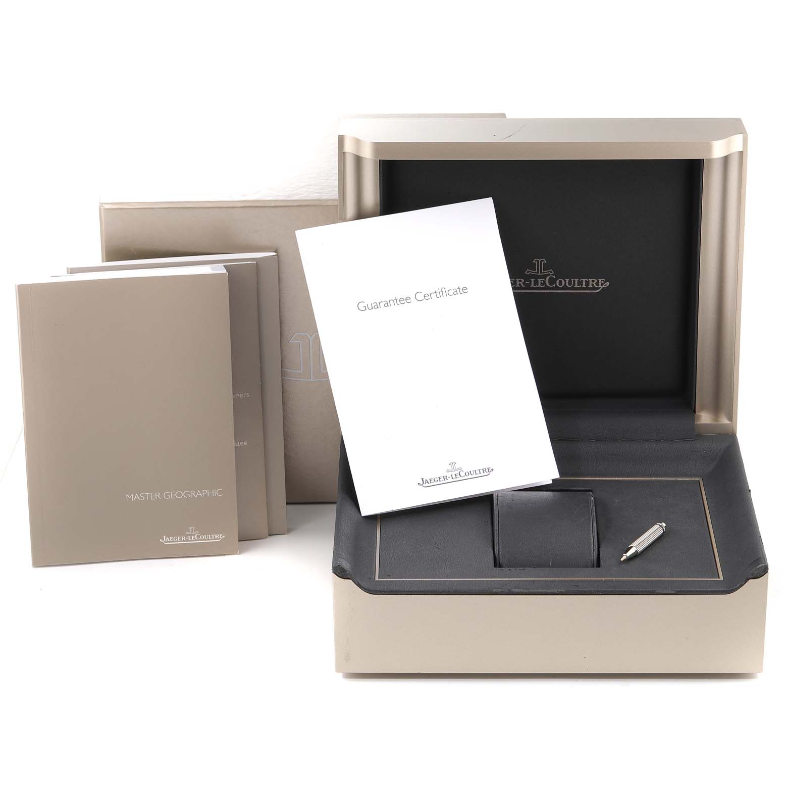 This image shows the presentation box and accompanying documents and accessories for the Jaeger LeCoultre Master Q1428421 Men's Stainless Steel Silver Dial Q1428421 Men's Stainless Steel Silver Dial model watch.