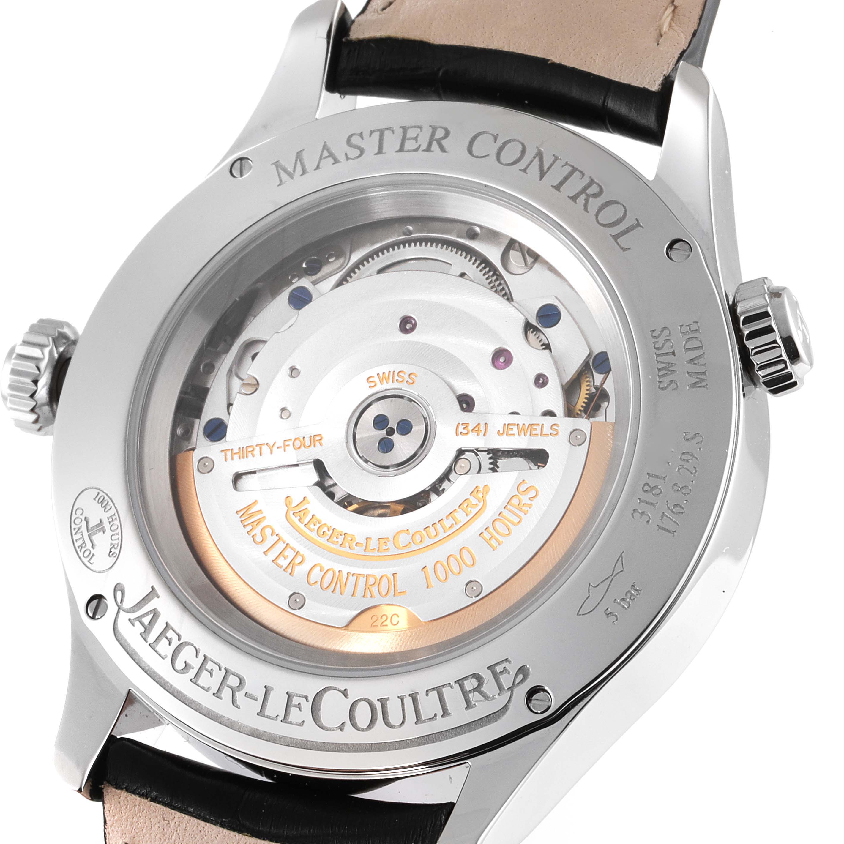 The image shows the back of the Jaeger LeCoultre Master Q1428421 Men's Stainless Steel Silver Dial Q1428421 Men's Stainless Steel Silver Dial Control watch, highlighting the movement and case back engravings.