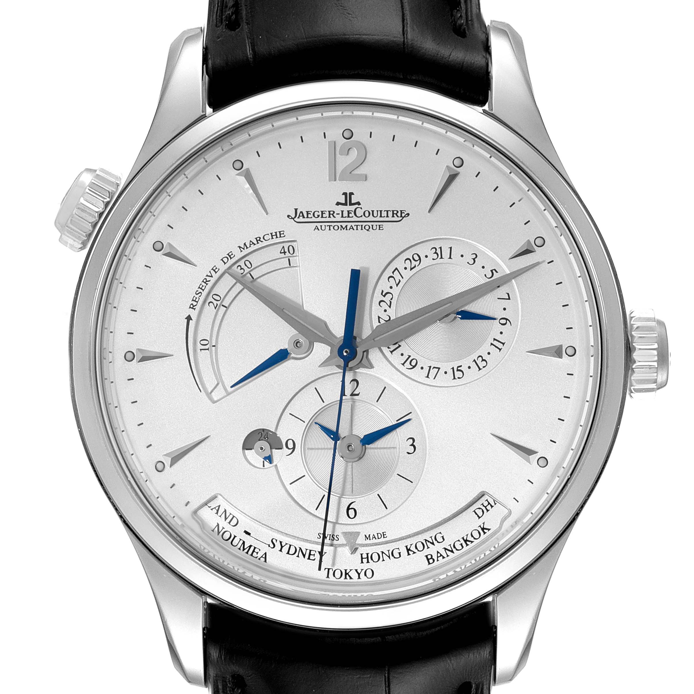 The Jaeger LeCoultre Master Q1428421 Men's Stainless Steel Silver Dial Q1428421 Men's Stainless Steel Silver Dial model watch is shown from the front, displaying its dial, hands, sub-dials, and leather band.